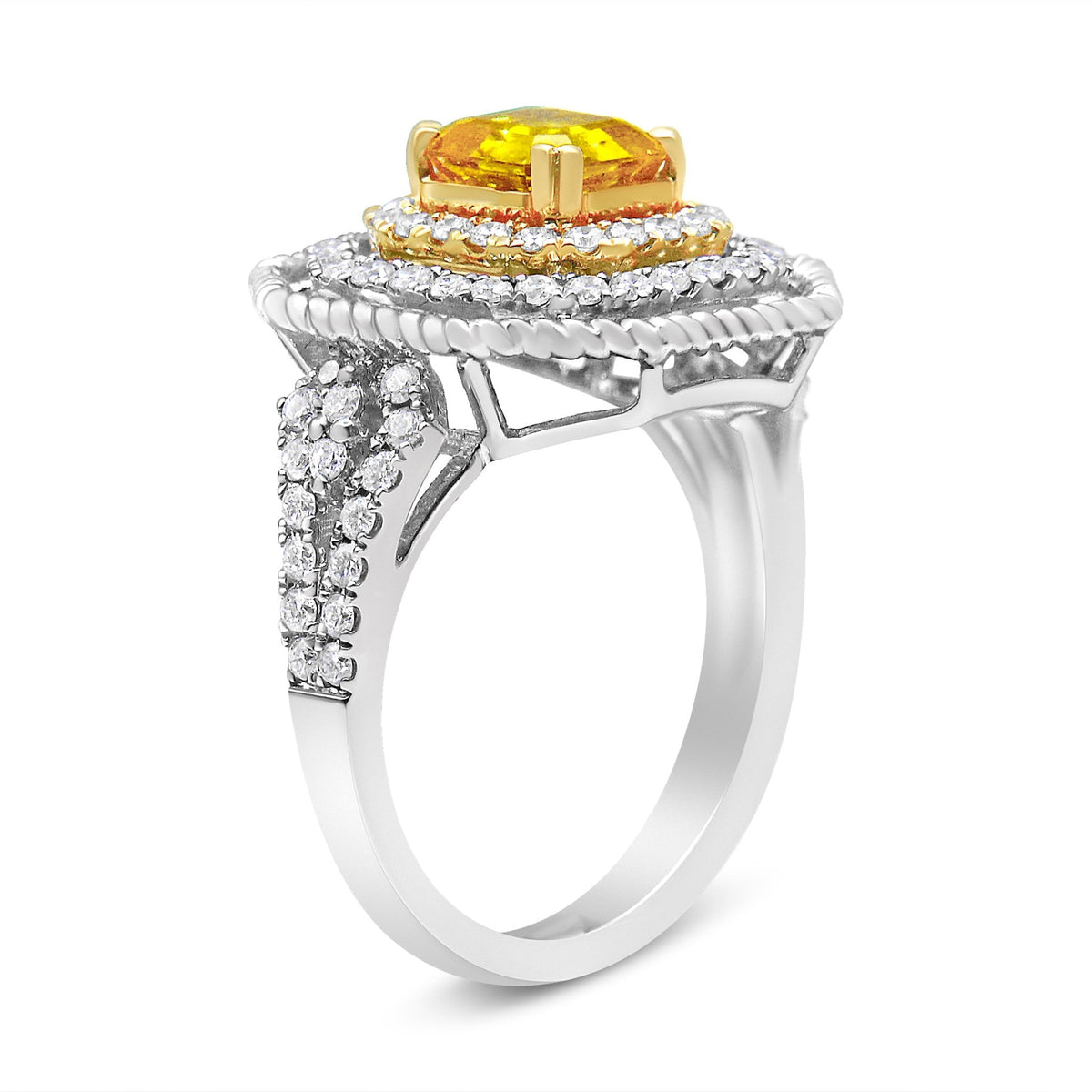 18K White and Yellow Gold 2 1/5 Cttw Lab Grown Yellow Asscher Diamond Double Halo Art Deco Cocktail Ring (Yellow/G-H Color, VS1-VS2 Clarity) - Size 6.5 - LinkagejewelrydesignLinkagejewelrydesign