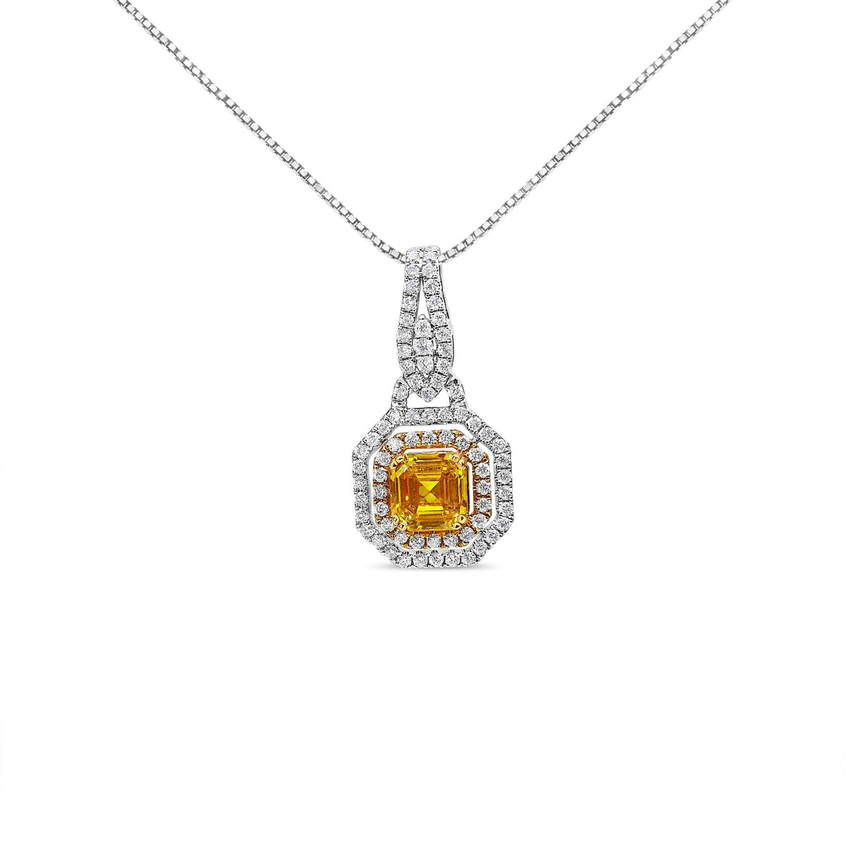 18K White and Yellow Gold 2 3/5 Cttw Lab Grown Yellow Asscher Diamond Double Framed Halo 18&quot; Pendant Necklace (Yellow/G-H Color, VS1-VS2 Clarity) - LinkagejewelrydesignLinkagejewelrydesign