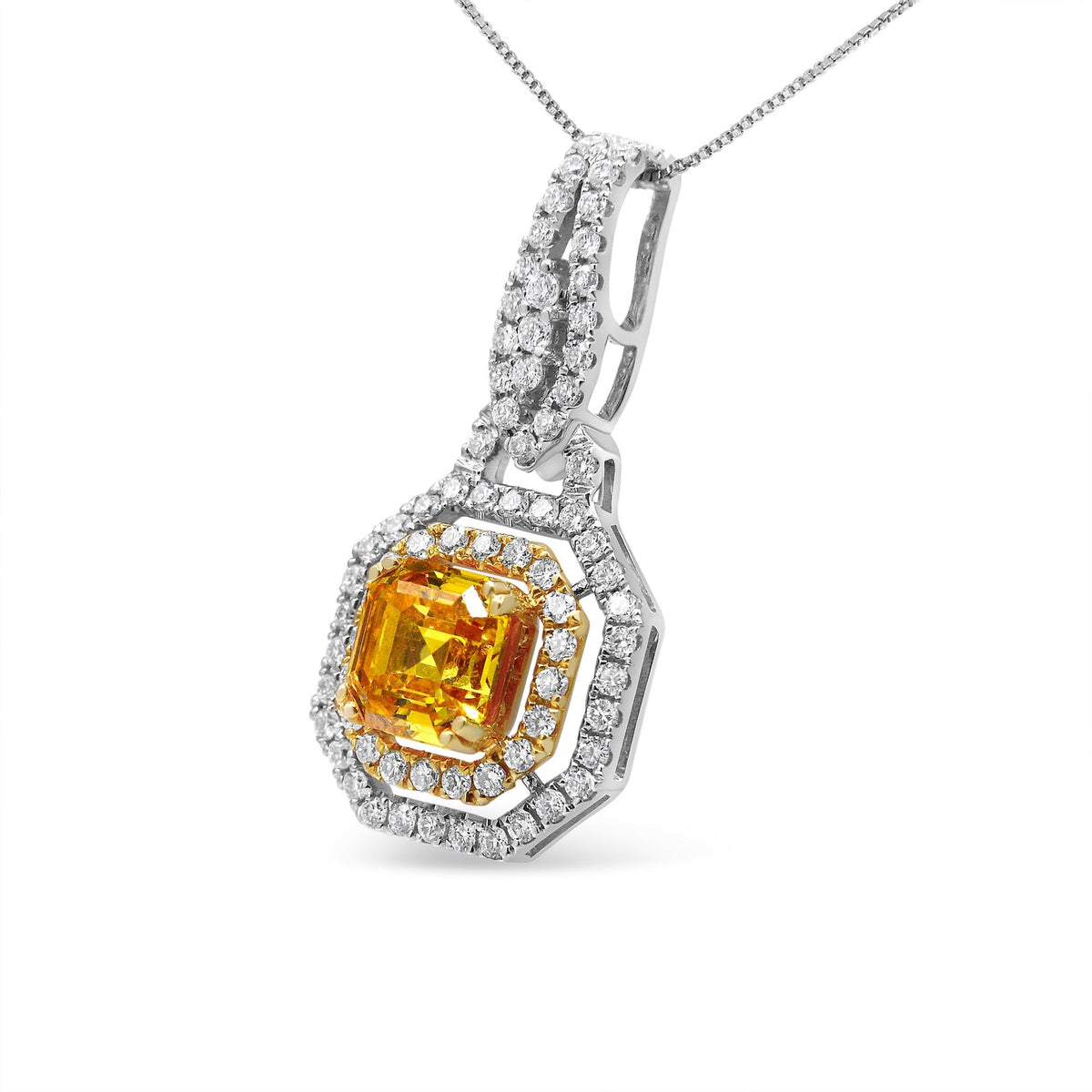 18K White and Yellow Gold 2 3/5 Cttw Lab Grown Yellow Asscher Diamond Double Framed Halo 18&quot; Pendant Necklace (Yellow/G-H Color, VS1-VS2 Clarity) - LinkagejewelrydesignLinkagejewelrydesign
