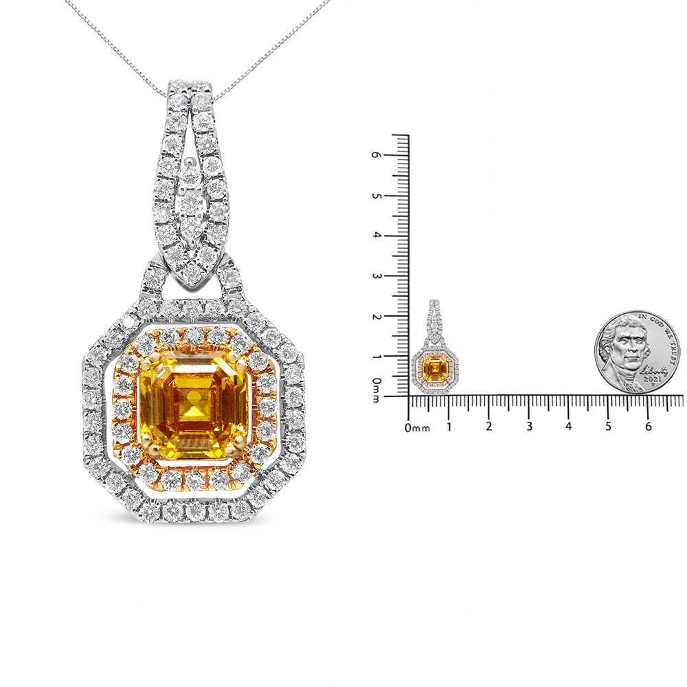 18K White and Yellow Gold 2 3/5 Cttw Lab Grown Yellow Asscher Diamond Double Framed Halo 18&quot; Pendant Necklace (Yellow/G-H Color, VS1-VS2 Clarity) - LinkagejewelrydesignLinkagejewelrydesign