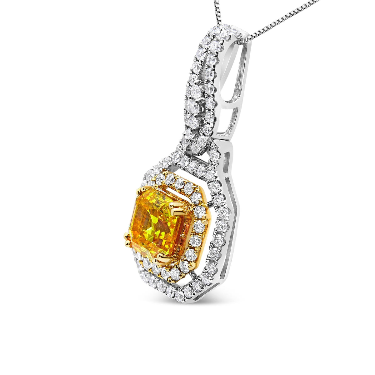 18K White and Yellow Gold 2 3/5 Cttw Lab Grown Yellow Asscher Diamond Double Framed Halo 18&quot; Pendant Necklace (Yellow/G-H Color, VS1-VS2 Clarity) - LinkagejewelrydesignLinkagejewelrydesign