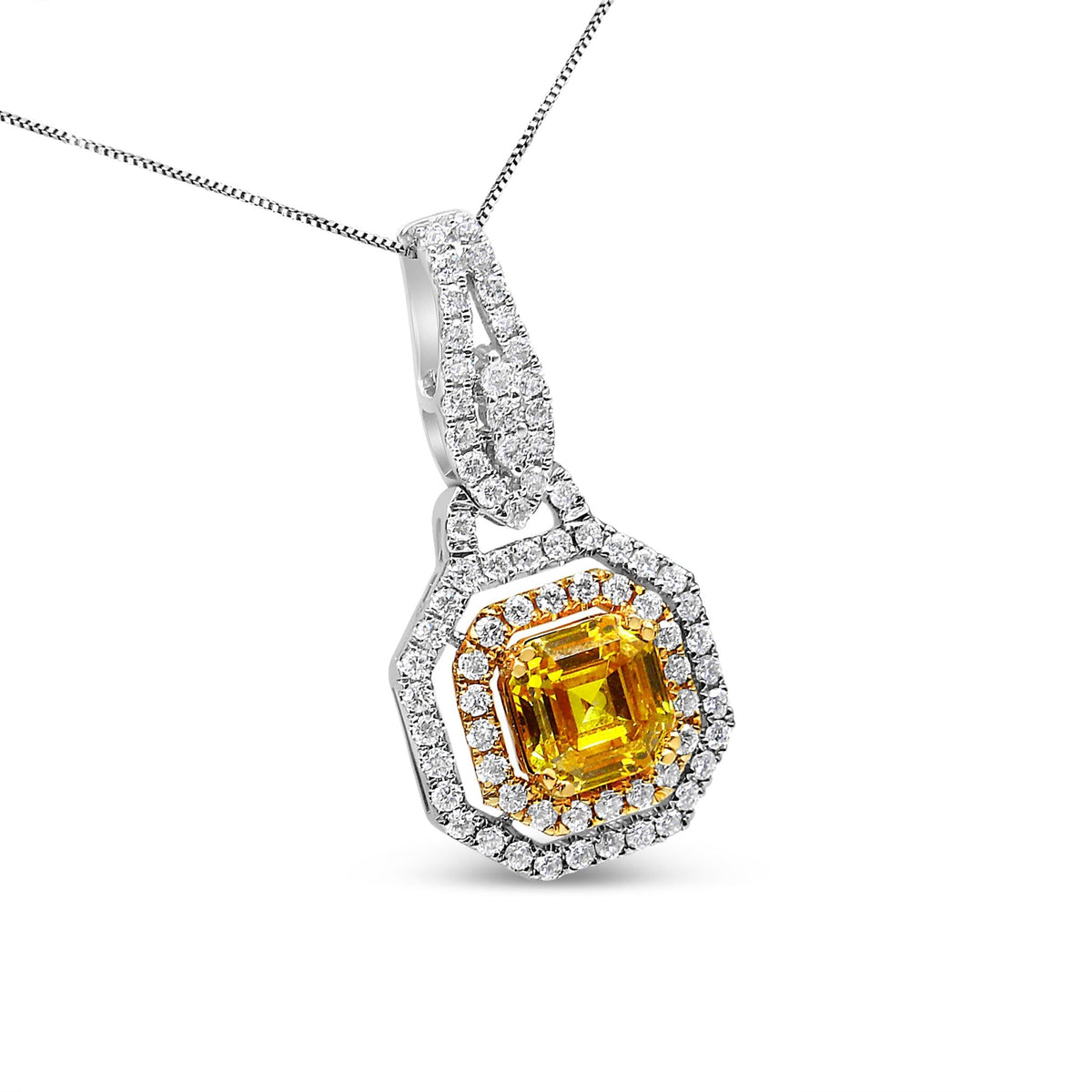 18K White and Yellow Gold 2 3/5 Cttw Lab Grown Yellow Asscher Diamond Double Framed Halo 18&quot; Pendant Necklace (Yellow/G-H Color, VS1-VS2 Clarity) - LinkagejewelrydesignLinkagejewelrydesign