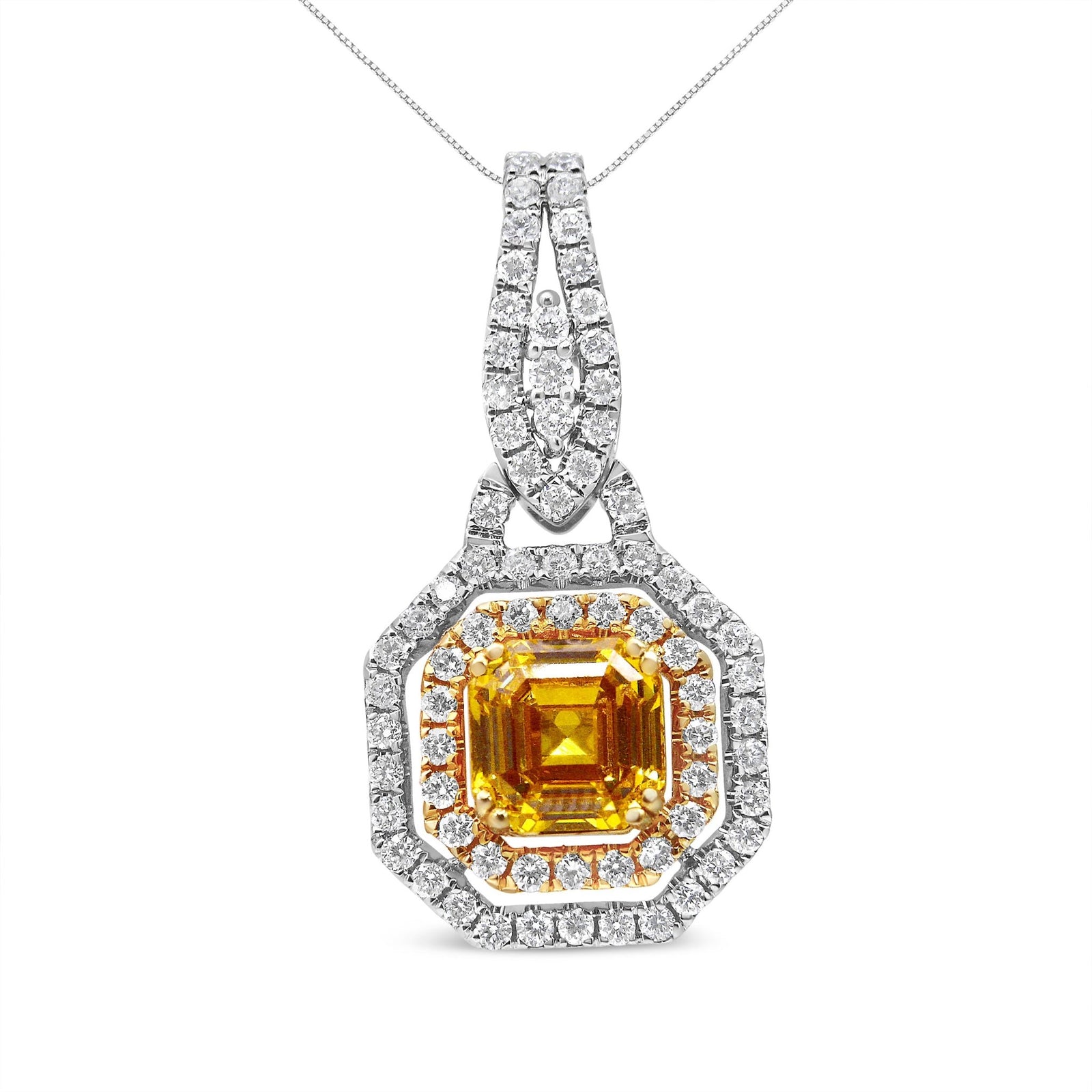 18K White and Yellow Gold 2 3/5 Cttw Lab Grown Yellow Asscher Diamond Double Framed Halo 18" Pendant Necklace (Yellow/G-H Color, VS1-VS2 Clarity) - LinkagejewelrydesignLinkagejewelrydesign