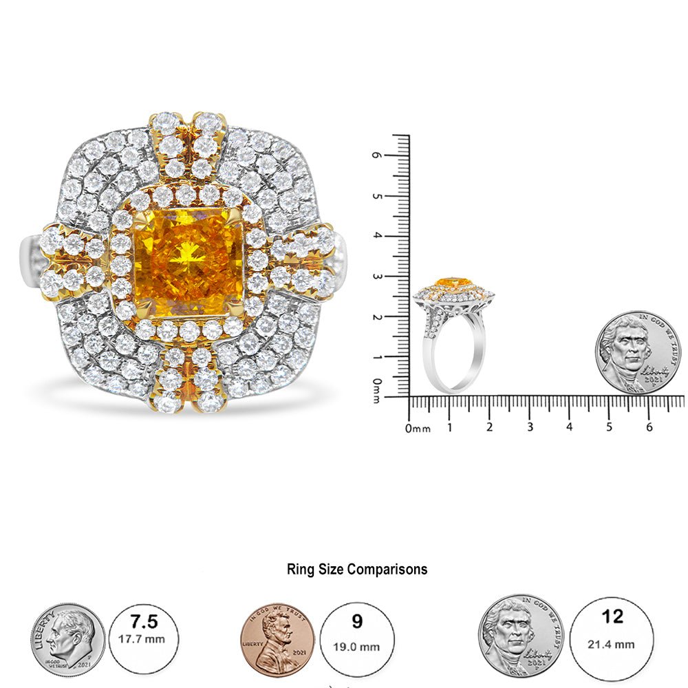 18K White and Yellow Gold 2.15 Cttw Yellow Radiant Lab Grown Center Diamond Halo Framed Cocktail Ring (Yellow/G-H Color, VS1-VS2 Clarity) - Size 6 - LinkagejewelrydesignLinkagejewelrydesign