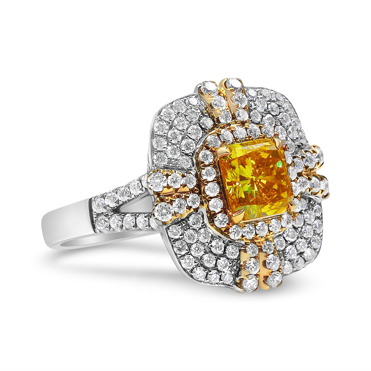 18K White and Yellow Gold 2.15 Cttw Yellow Radiant Lab Grown Center Diamond Halo Framed Cocktail Ring (Yellow/G-H Color, VS1-VS2 Clarity) - Size 6 - LinkagejewelrydesignLinkagejewelrydesign