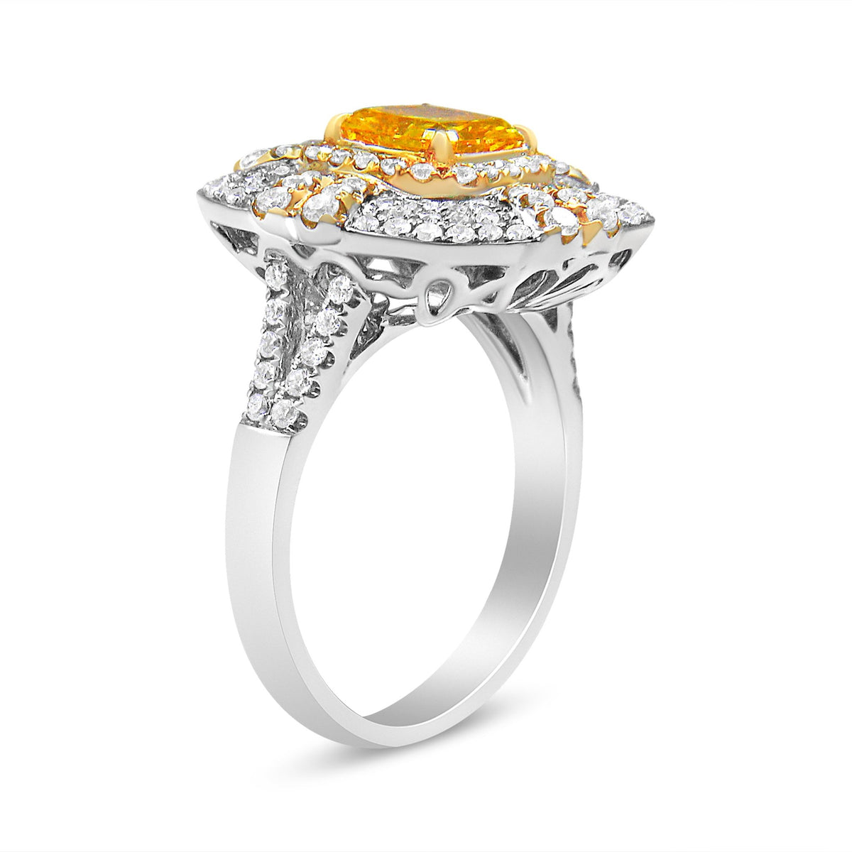 18K White and Yellow Gold 2.15 Cttw Yellow Radiant Lab Grown Center Diamond Halo Framed Cocktail Ring (Yellow/G-H Color, VS1-VS2 Clarity) - Size 6 - LinkagejewelrydesignLinkagejewelrydesign