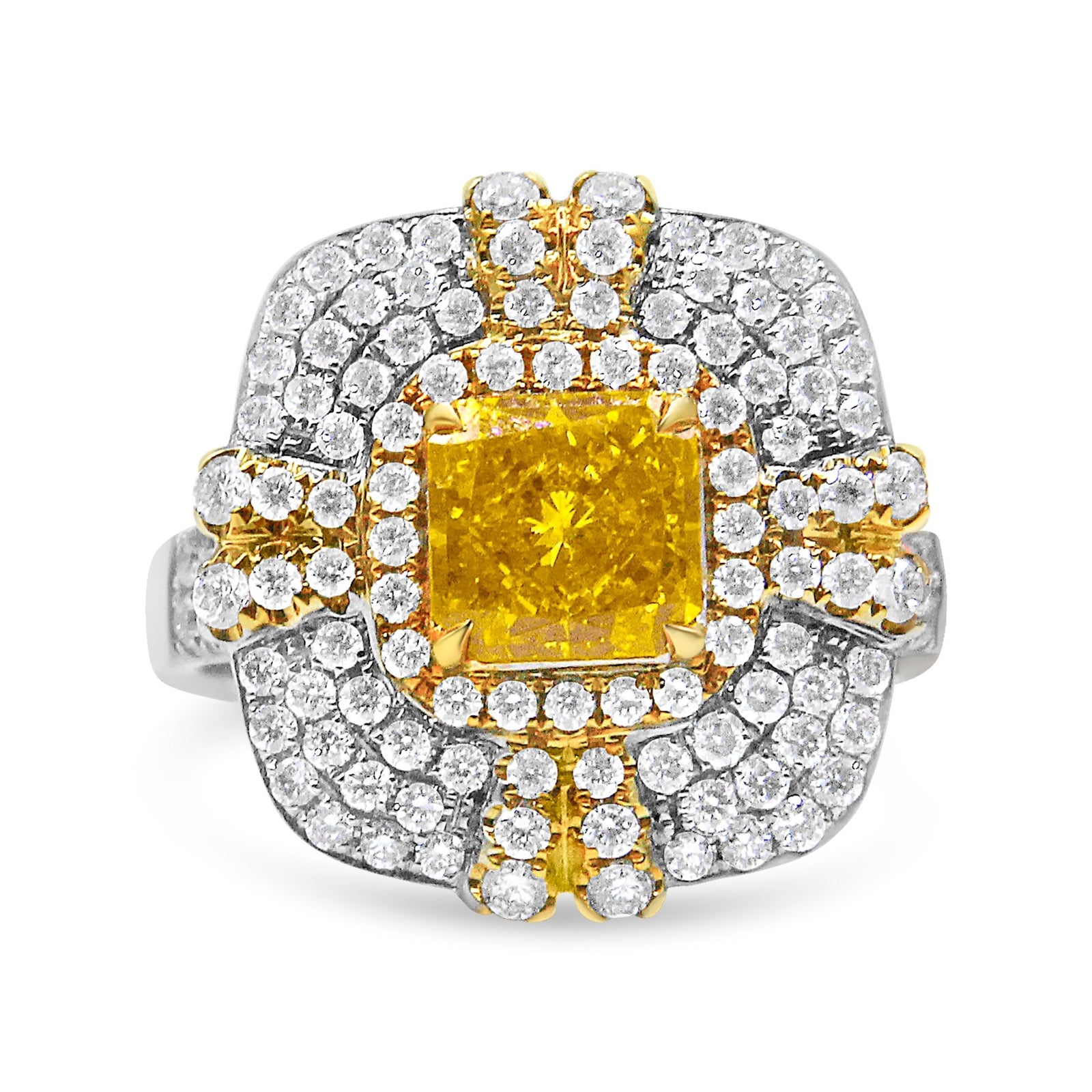 18K White and Yellow Gold 2.15 Cttw Yellow Radiant Lab Grown Center Diamond Halo Framed Cocktail Ring (Yellow/G-H Color, VS1-VS2 Clarity) - Size 6 - LinkagejewelrydesignLinkagejewelrydesign