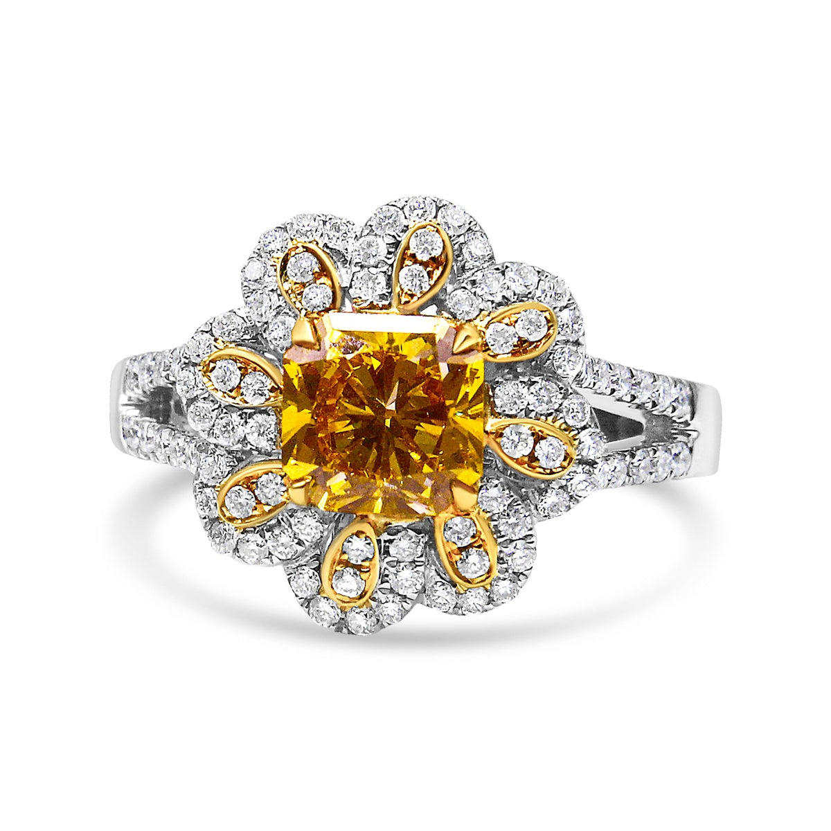 18K White and Yellow Gold 2.17 Cttw Yellow Radiant Lab Grown Center Diamond Flower Ring (Yellow/G-H Color, VS1-VS2 Clarity) - Size 6.5 - LinkagejewelrydesignLinkagejewelrydesign
