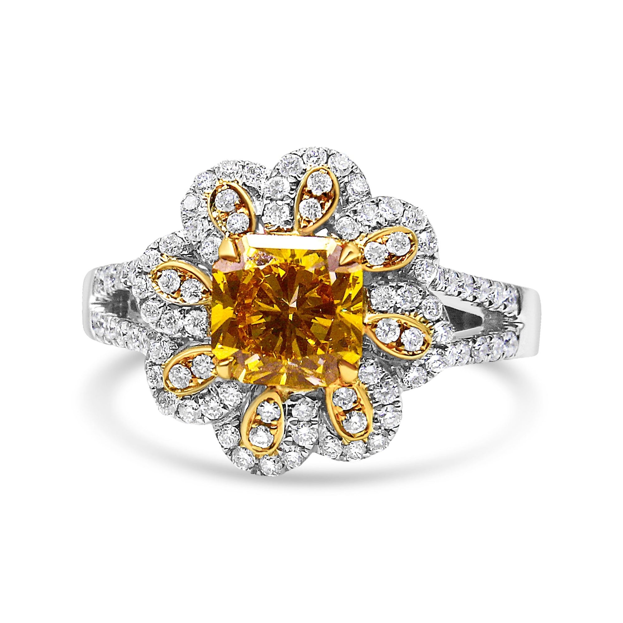 18K White and Yellow Gold 2.17 Cttw Yellow Radiant Lab Grown Center Diamond Flower Ring (Yellow/G-H Color, VS1-VS2 Clarity) - Size 6.5 - LinkagejewelrydesignLinkagejewelrydesign