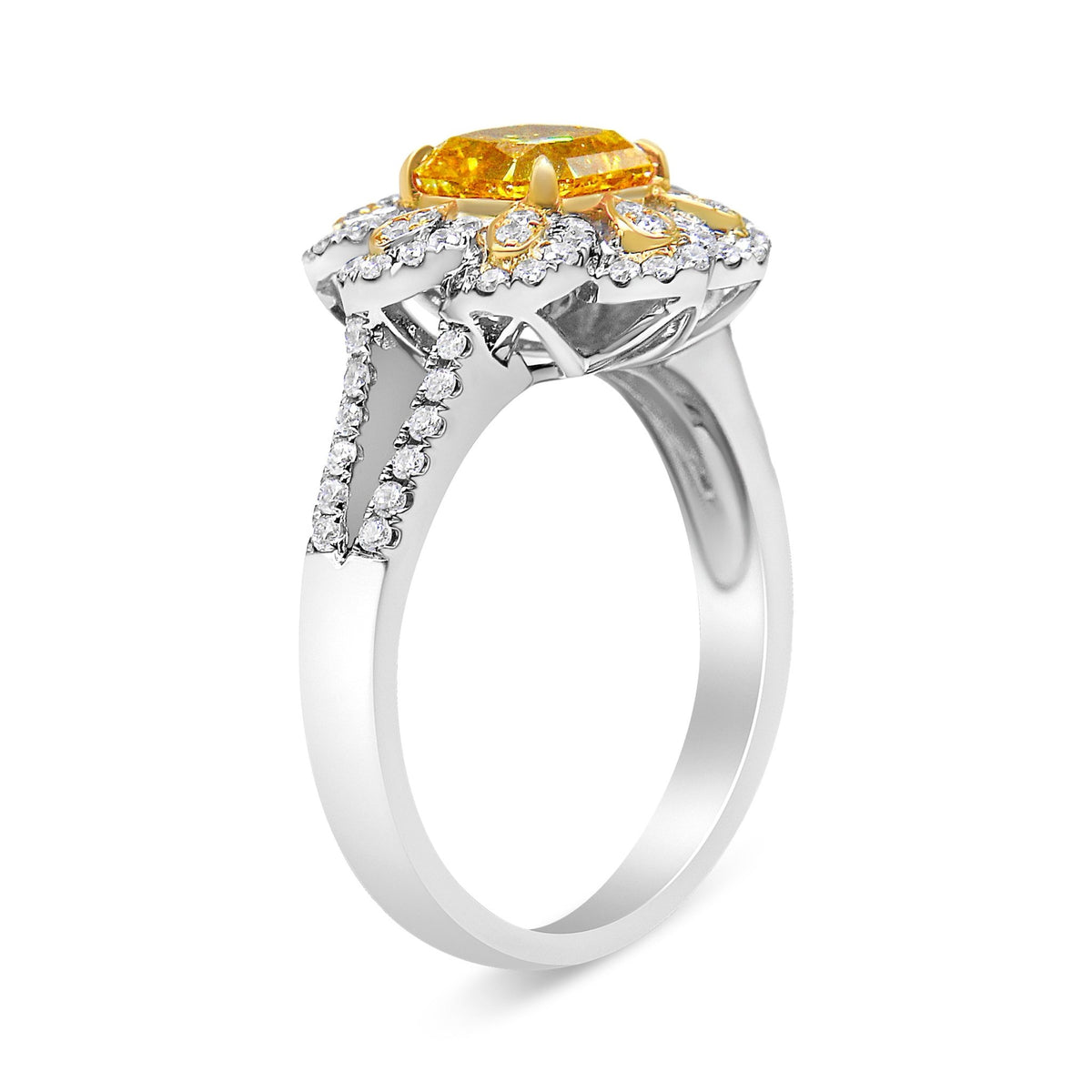 18K White and Yellow Gold 2.17 Cttw Yellow Radiant Lab Grown Center Diamond Flower Ring (Yellow/G-H Color, VS1-VS2 Clarity) - Size 6.5 - LinkagejewelrydesignLinkagejewelrydesign