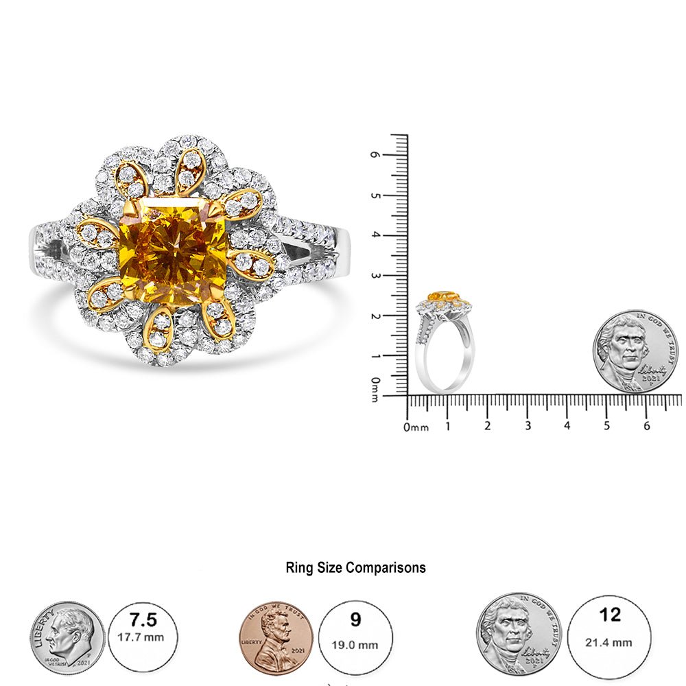18K White and Yellow Gold 2.17 Cttw Yellow Radiant Lab Grown Center Diamond Flower Ring (Yellow/G-H Color, VS1-VS2 Clarity) - Size 6.5 - LinkagejewelrydesignLinkagejewelrydesign