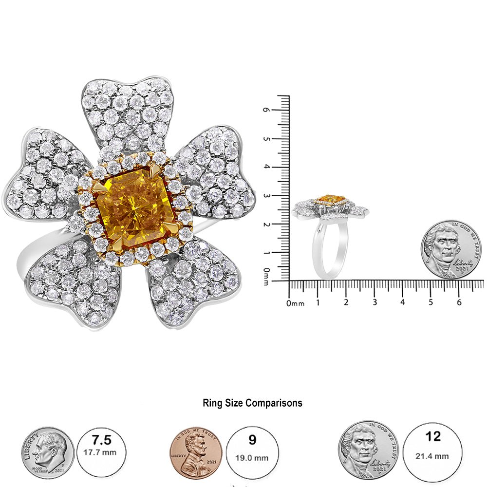18K White and Yellow Gold 2.25 Cttw Yellow Radiant Lab Grown Center Diamond Flower and Leaf Cluster Ring (Yellow/G-H Color, VS1-VS2 Clarity) - Size 6.5 - LinkagejewelrydesignLinkagejewelrydesign