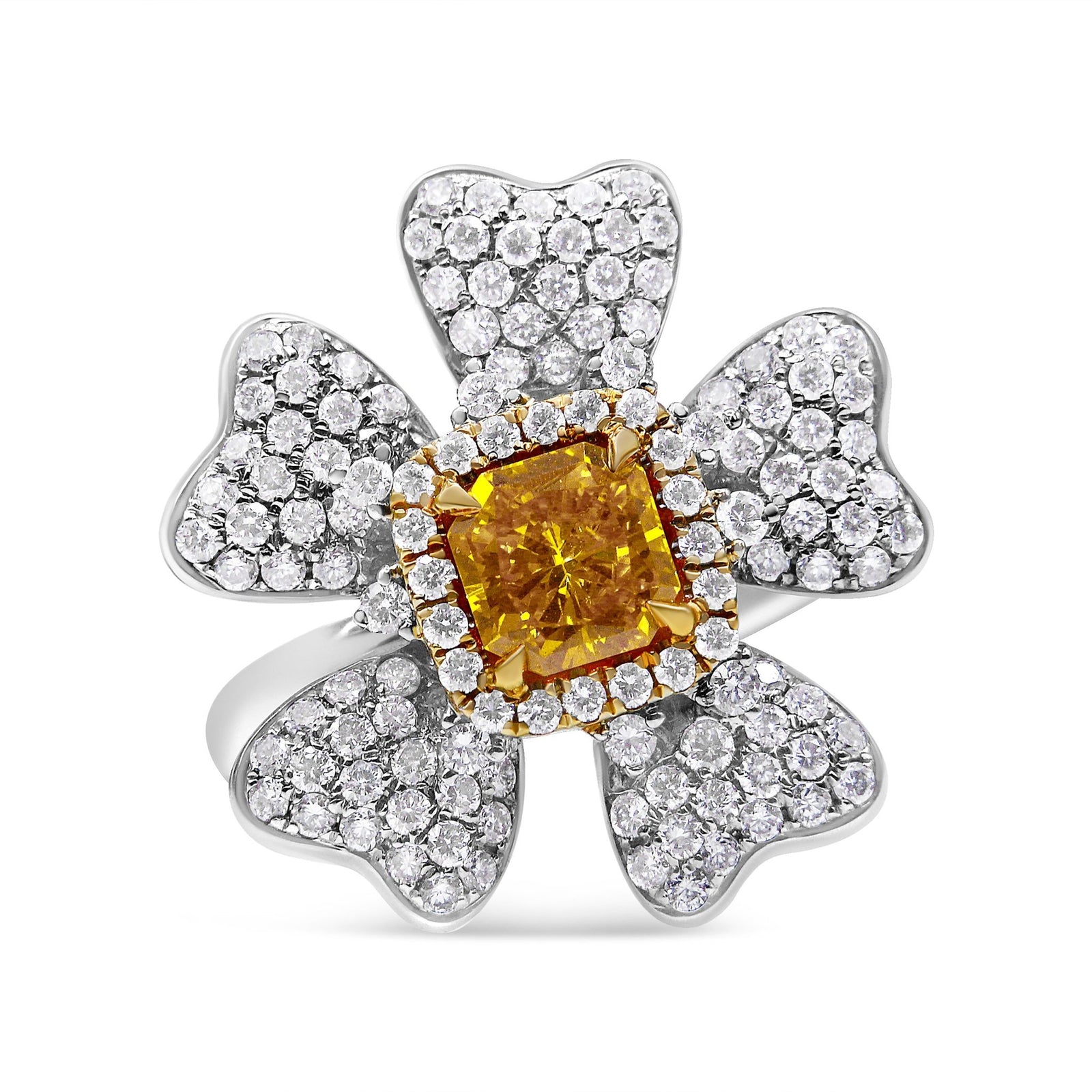 18K White and Yellow Gold 2.25 Cttw Yellow Radiant Lab Grown Center Diamond Flower and Leaf Cluster Ring (Yellow/G-H Color, VS1-VS2 Clarity) - Size 6.5 - LinkagejewelrydesignLinkagejewelrydesign