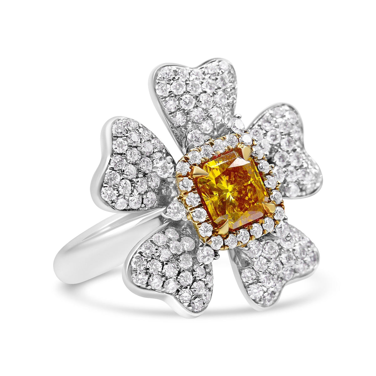 18K White and Yellow Gold 2.25 Cttw Yellow Radiant Lab Grown Center Diamond Flower and Leaf Cluster Ring (Yellow/G-H Color, VS1-VS2 Clarity) - Size 6.5 - LinkagejewelrydesignLinkagejewelrydesign