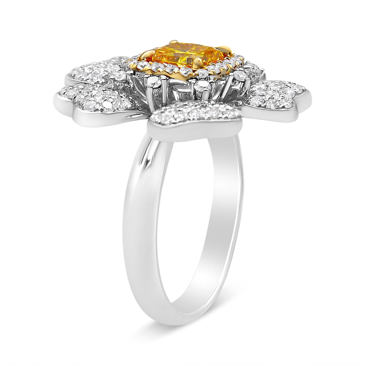 18K White and Yellow Gold 2.25 Cttw Yellow Radiant Lab Grown Center Diamond Flower and Leaf Cluster Ring (Yellow/G-H Color, VS1-VS2 Clarity) - Size 6.5 - LinkagejewelrydesignLinkagejewelrydesign