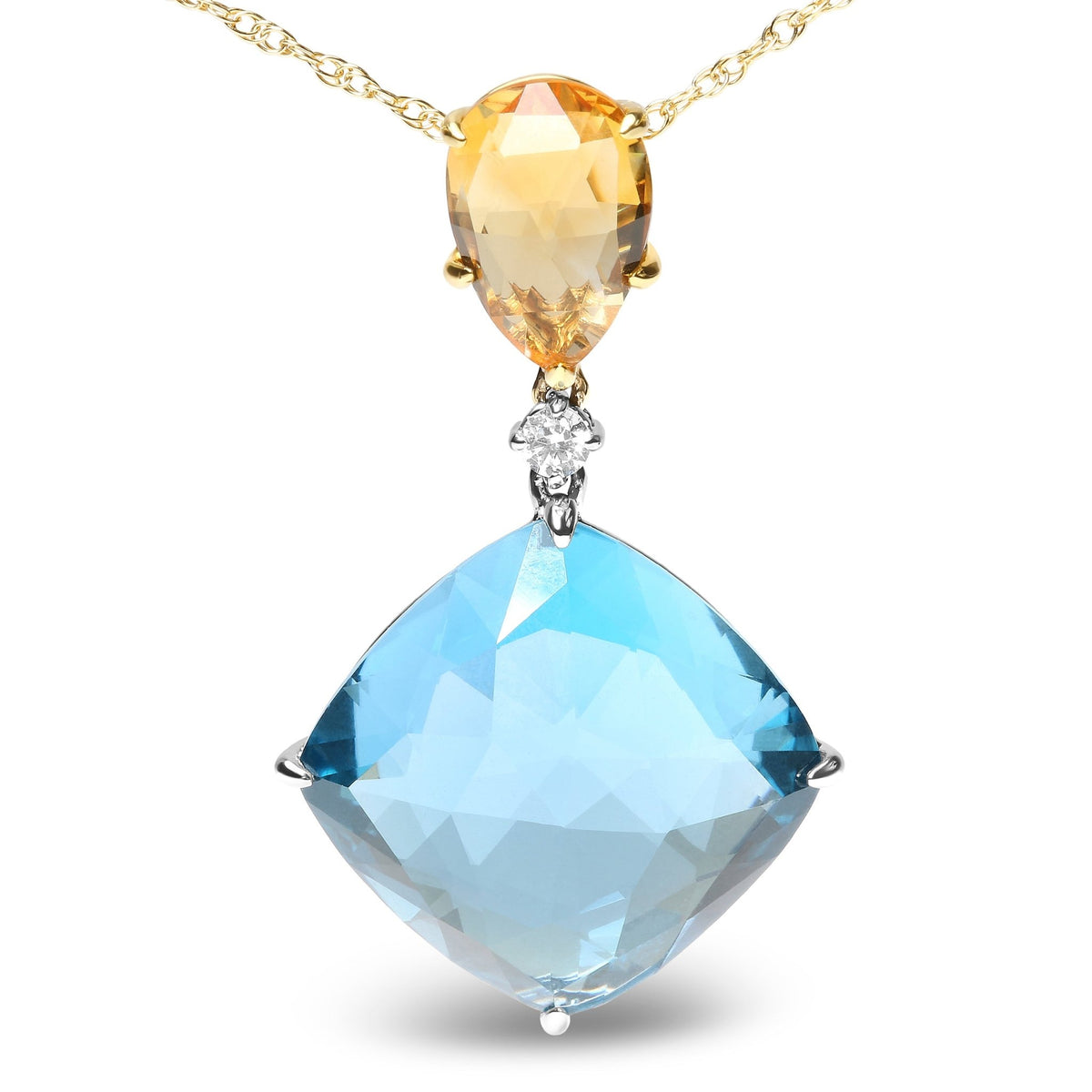 18K White and Yellow Gold Diamond Accent and Pear Cut Lemon Quartz and Cushion Cut London Blue Topaz Gemstone Dangle Drop 18&quot; Pendant Necklace (G-H Color, SI1-SI2 Clarity) - LinkagejewelrydesignLinkagejewelrydesign