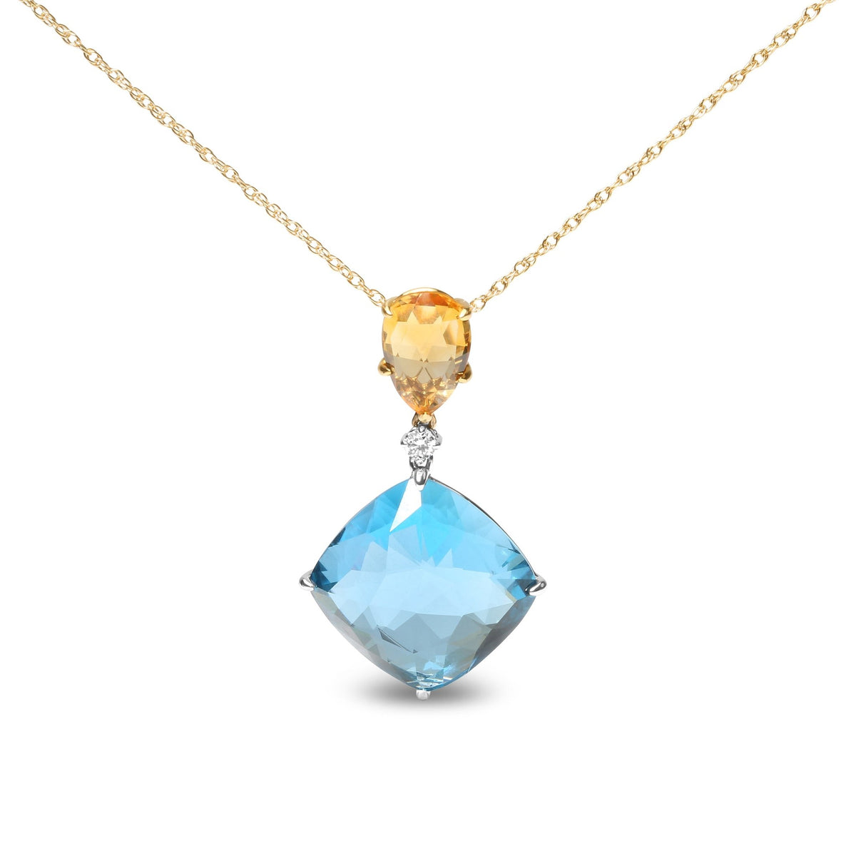 18K White and Yellow Gold Diamond Accent and Pear Cut Lemon Quartz and Cushion Cut London Blue Topaz Gemstone Dangle Drop 18&quot; Pendant Necklace (G-H Color, SI1-SI2 Clarity) - LinkagejewelrydesignLinkagejewelrydesign