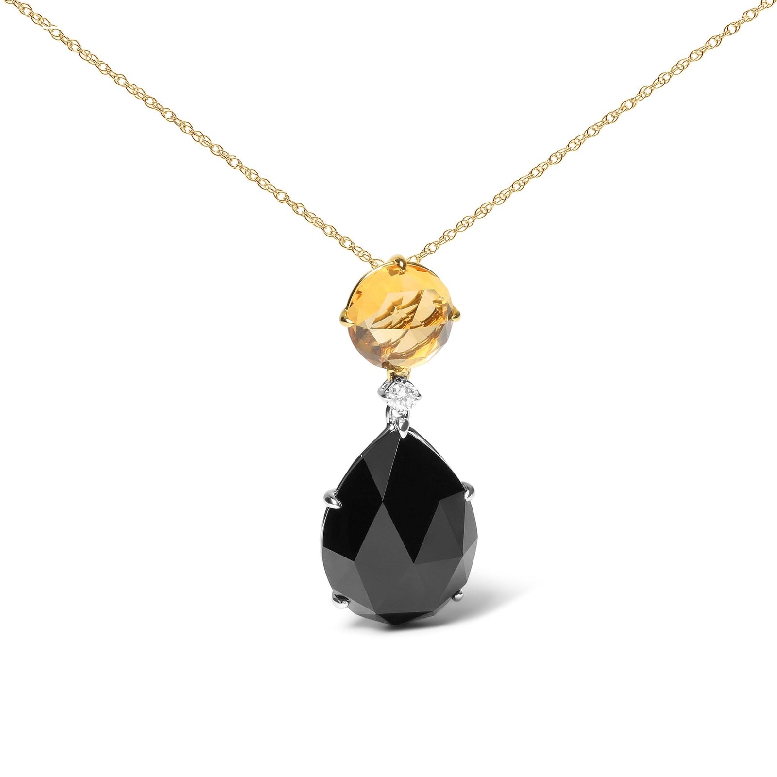 18K White and Yellow Gold Diamond Accent and Round Yellow Citrine and Pear Cut Black Onyx Dangle Drop 18" Pendant Necklace (G-H Color, SI1-SI2 Clarity) - LinkagejewelrydesignLinkagejewelrydesign