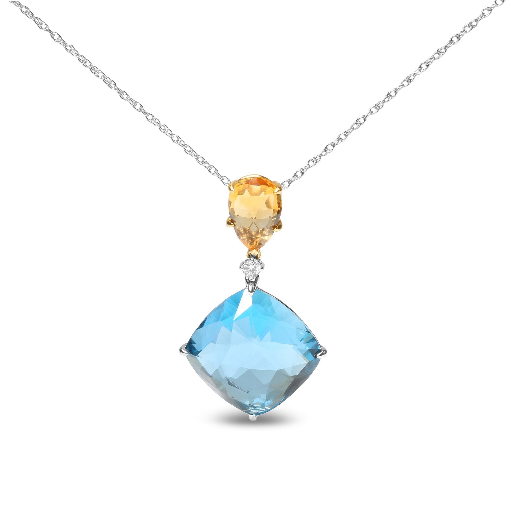 18K White and Yellow Gold Diamond Accent and Yellow Citrine and Sky Blue Topaz Gemstone Dangle Drop 18" Pendant Necklace (G-H Color, SI1-SI2 Clarity) - LinkagejewelrydesignLinkagejewelrydesign