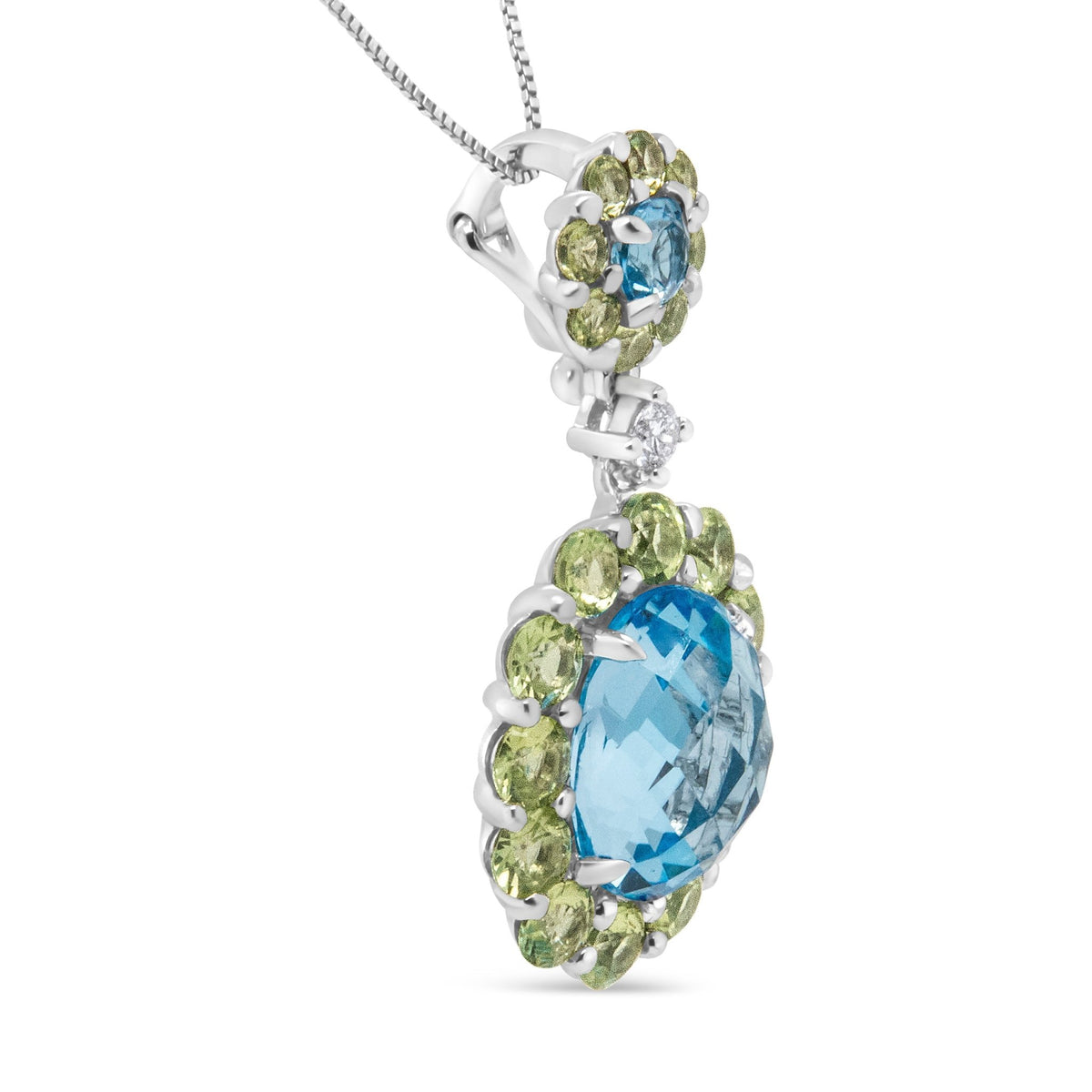 18k White Gold 0.05 Cttw Round Diamond and Blue Topaz and Green Peridot Gemstone Halo Drop 18&quot; Pendant Necklace (F-G Color, VS1-VS2 Clarity) - LinkagejewelrydesignLinkagejewelrydesign
