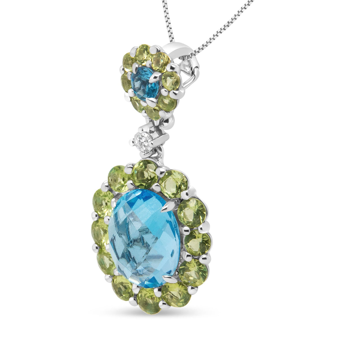 18k White Gold 0.05 Cttw Round Diamond and Blue Topaz and Green Peridot Gemstone Halo Drop 18&quot; Pendant Necklace (F-G Color, VS1-VS2 Clarity) - LinkagejewelrydesignLinkagejewelrydesign