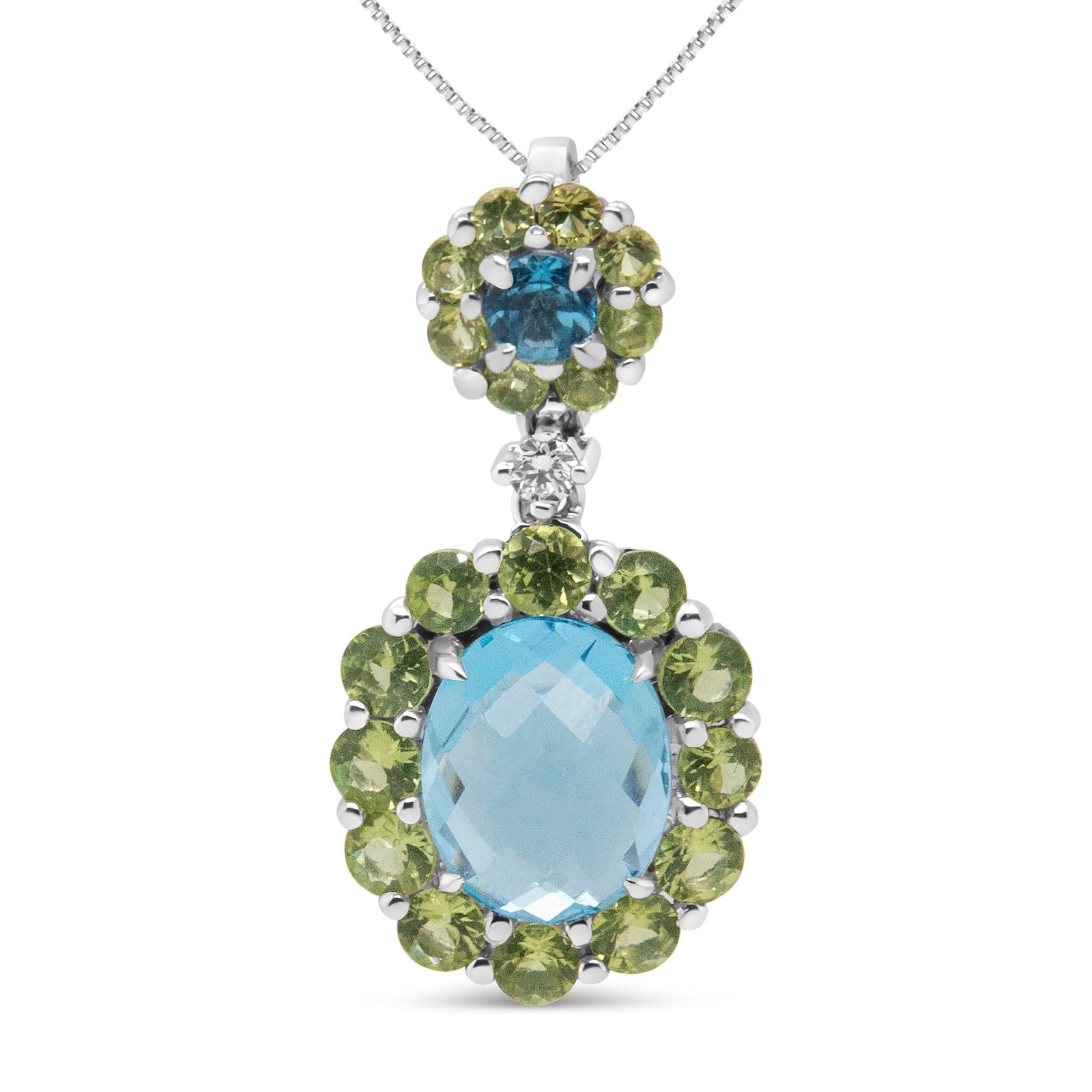 18k White Gold 0.05 Cttw Round Diamond and Blue Topaz and Green Peridot Gemstone Halo Drop 18" Pendant Necklace (F-G Color, VS1-VS2 Clarity) - LinkagejewelrydesignLinkagejewelrydesign