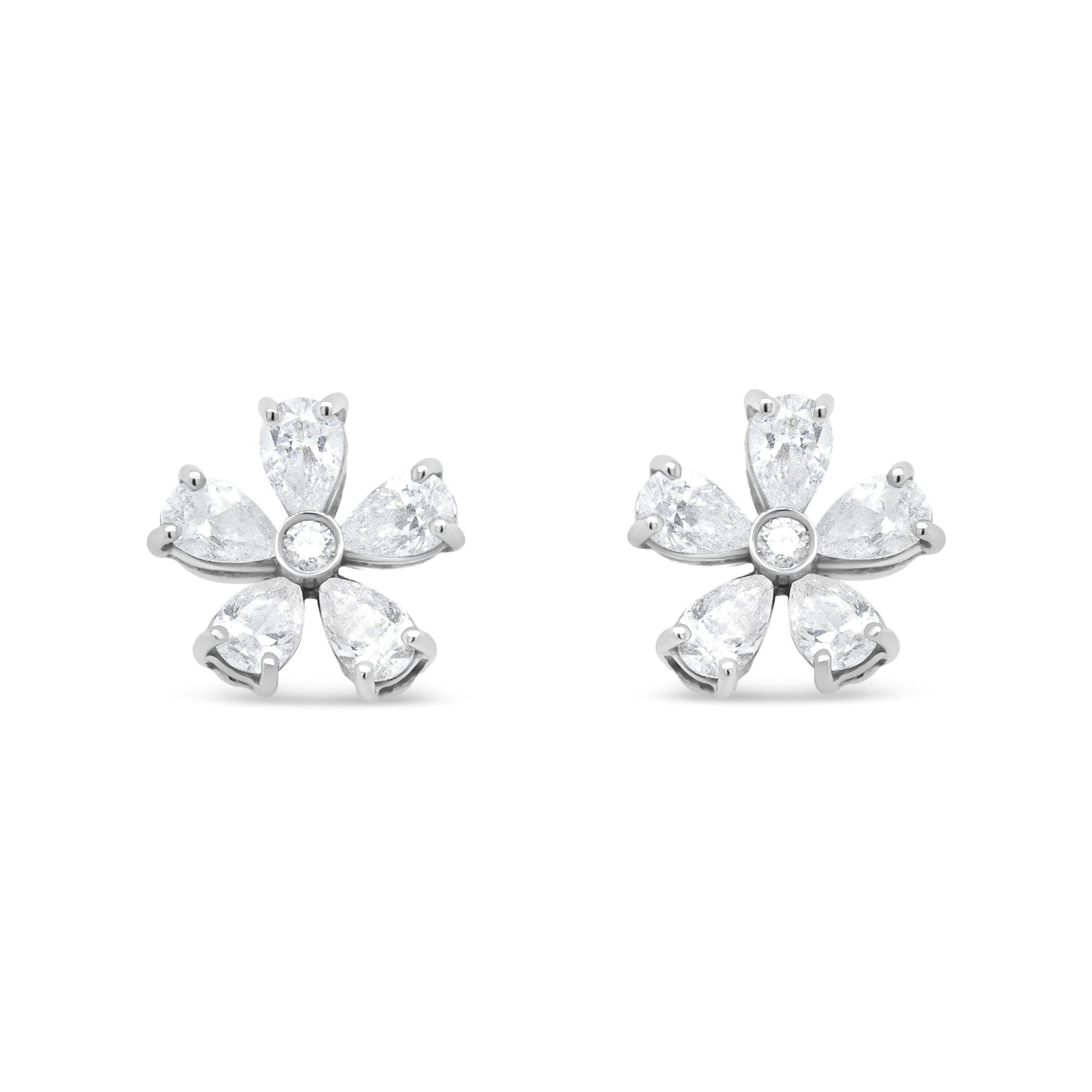 18K White Gold 1 1/2 Cttw Round and Pear-Cut Diamond Flower Petal Stud Earring (F-G Color, VS1-VS2 Clarity) - LinkagejewelrydesignLinkagejewelrydesign