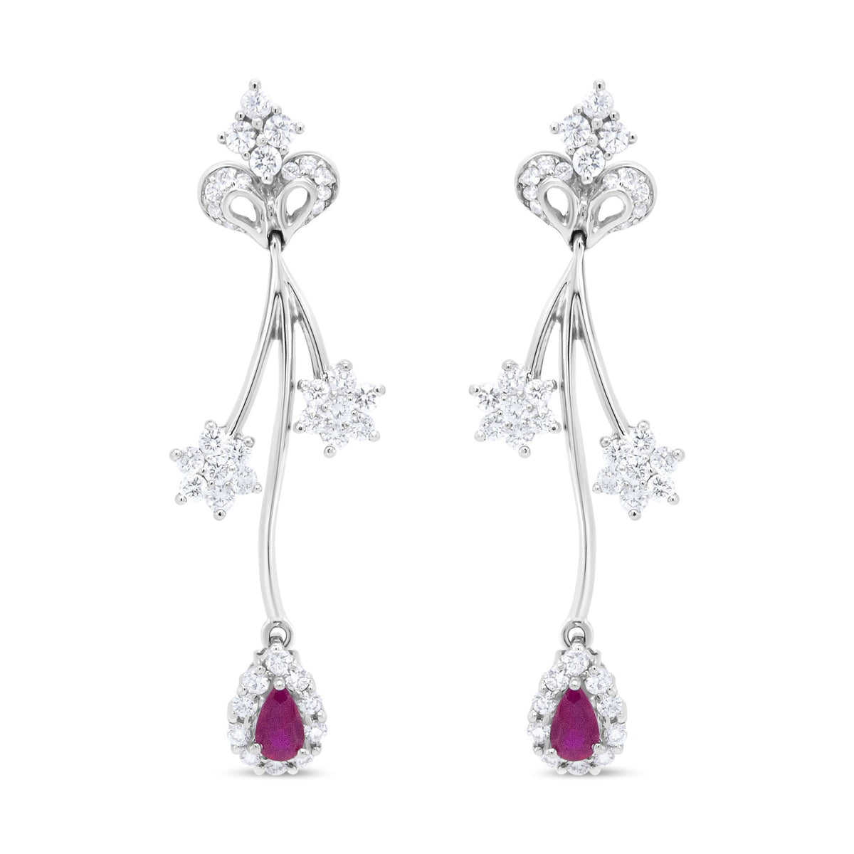 18K White Gold 1 1/4 Cttw Diamond and 4.1 x 2.2mm Red Pear-Cut Ruby Freeform Dangle Drop Earring (E-F Color, VS1-VS2 Clarity) - LinkagejewelrydesignLinkagejewelrydesign
