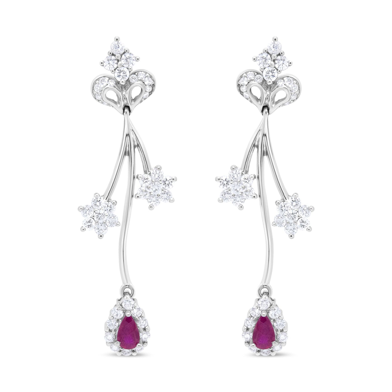 18K White Gold 1 1/4 Cttw Diamond and 4.1 x 2.2mm Red Pear-Cut Ruby Freeform Dangle Drop Earring (E-F Color, VS1-VS2 Clarity) - LinkagejewelrydesignLinkagejewelrydesign