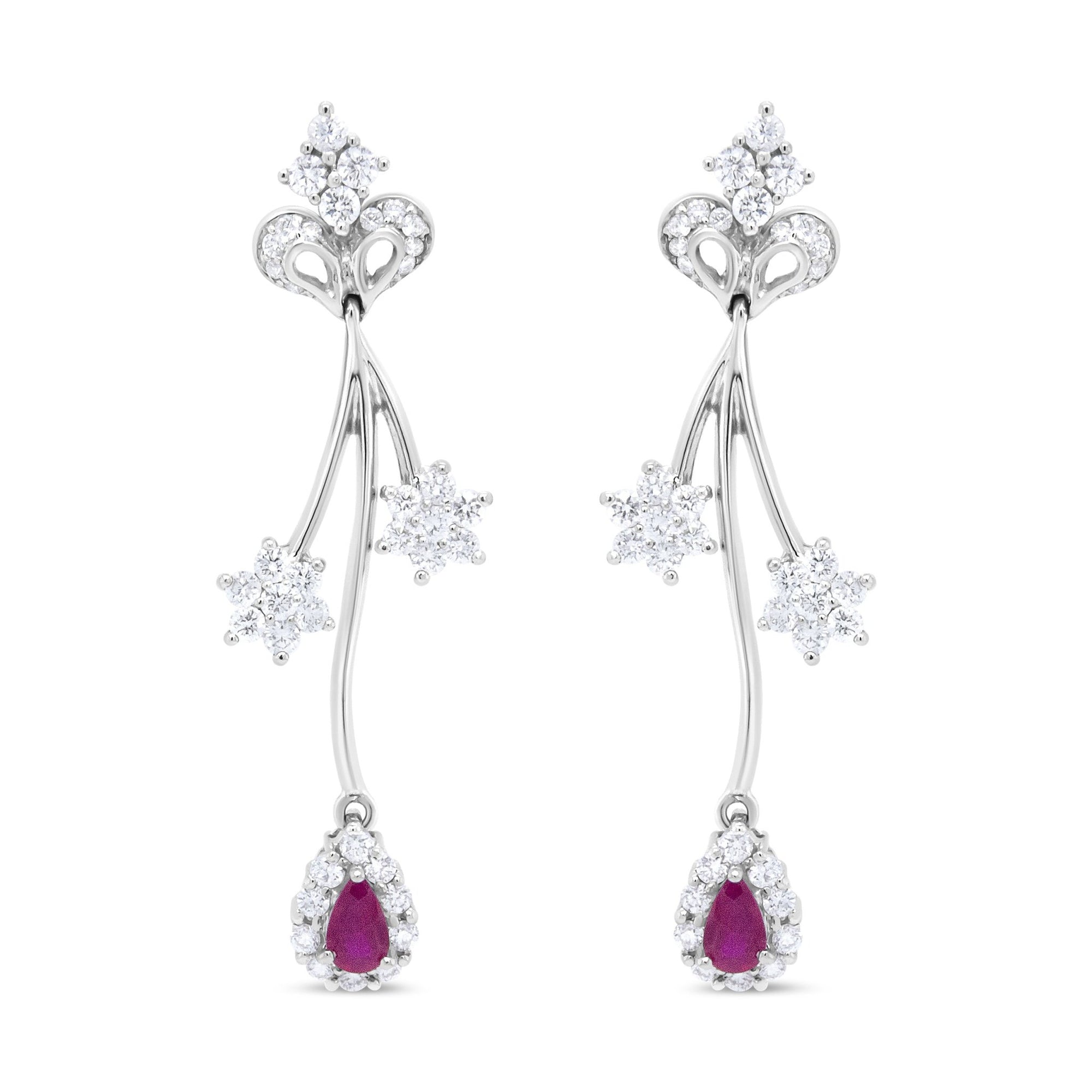 18K White Gold 1 1/4 Cttw Diamond and 4.1 x 2.2mm Red Pear-Cut Ruby Freeform Dangle Drop Earring (E-F Color, VS1-VS2 Clarity) - LinkagejewelrydesignLinkagejewelrydesign