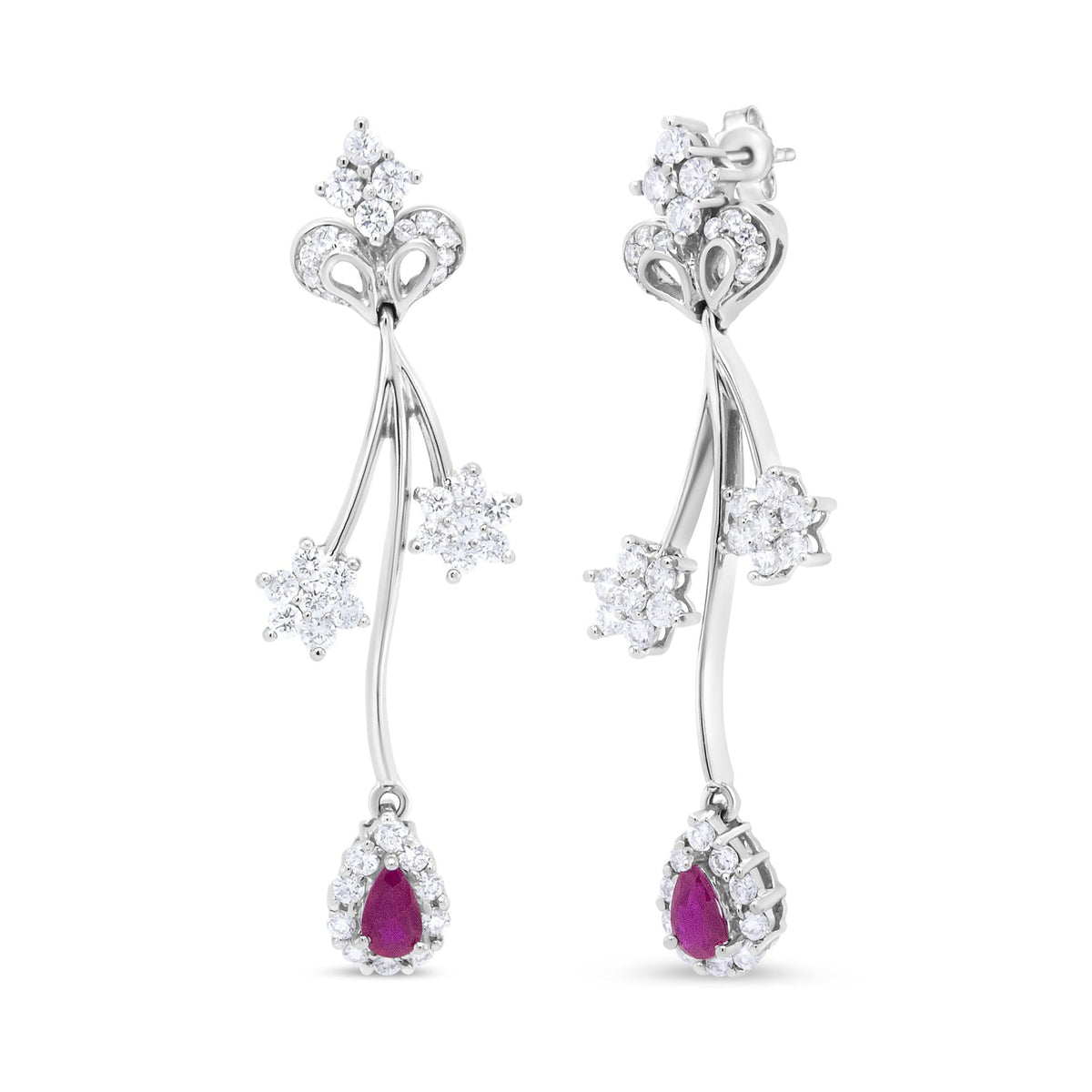 18K White Gold 1 1/4 Cttw Diamond and 4.1 x 2.2mm Red Pear-Cut Ruby Freeform Dangle Drop Earring (E-F Color, VS1-VS2 Clarity) - LinkagejewelrydesignLinkagejewelrydesign