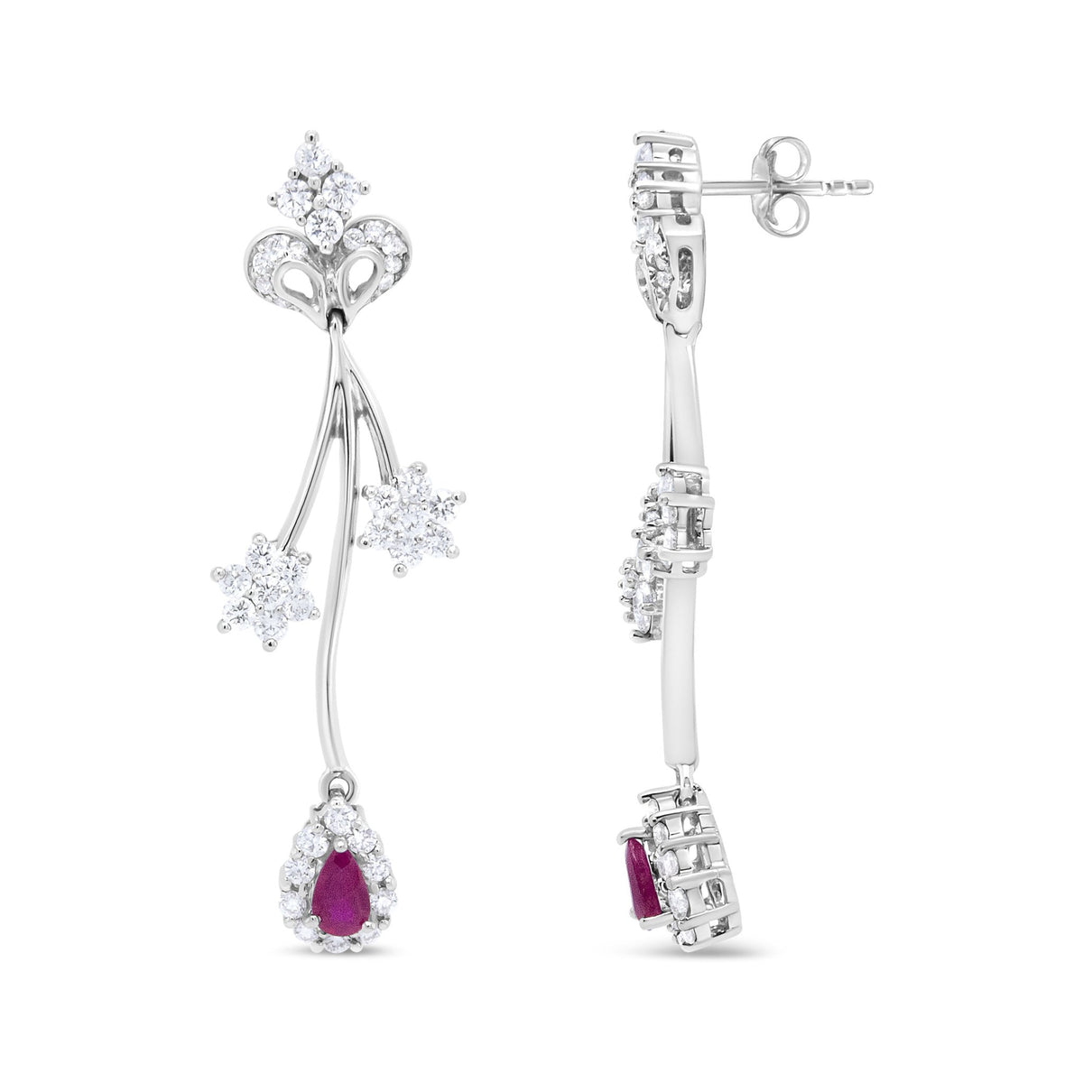 18K White Gold 1 1/4 Cttw Diamond and 4.1 x 2.2mm Red Pear-Cut Ruby Freeform Dangle Drop Earring (E-F Color, VS1-VS2 Clarity) - LinkagejewelrydesignLinkagejewelrydesign