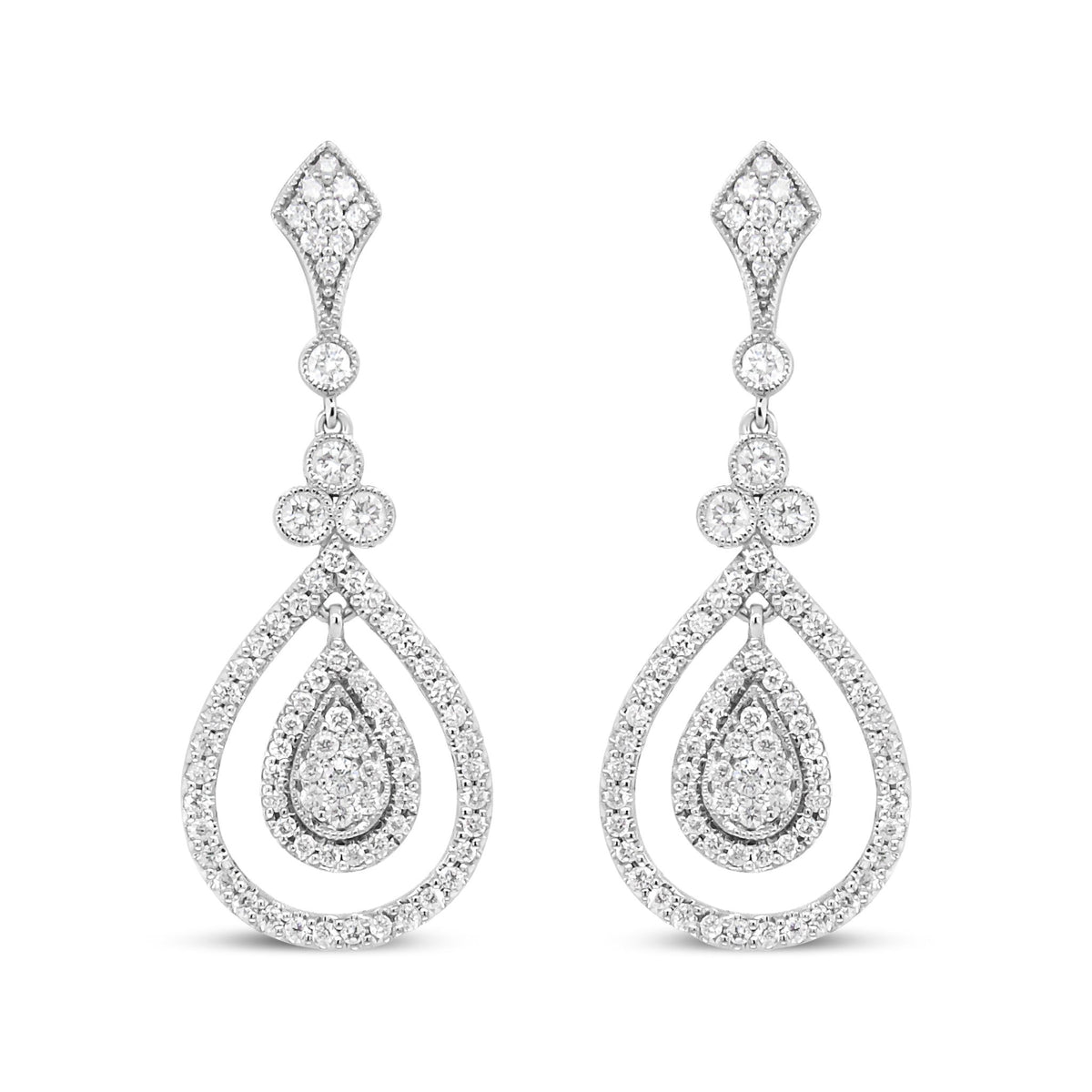 18K White Gold 1 1/4 Cttw Round Diamond Openwork Teardrop-Shaped Dangle Earrings (F-G Color, VS1-VS2 Clarity) - LinkagejewelrydesignLinkagejewelrydesign