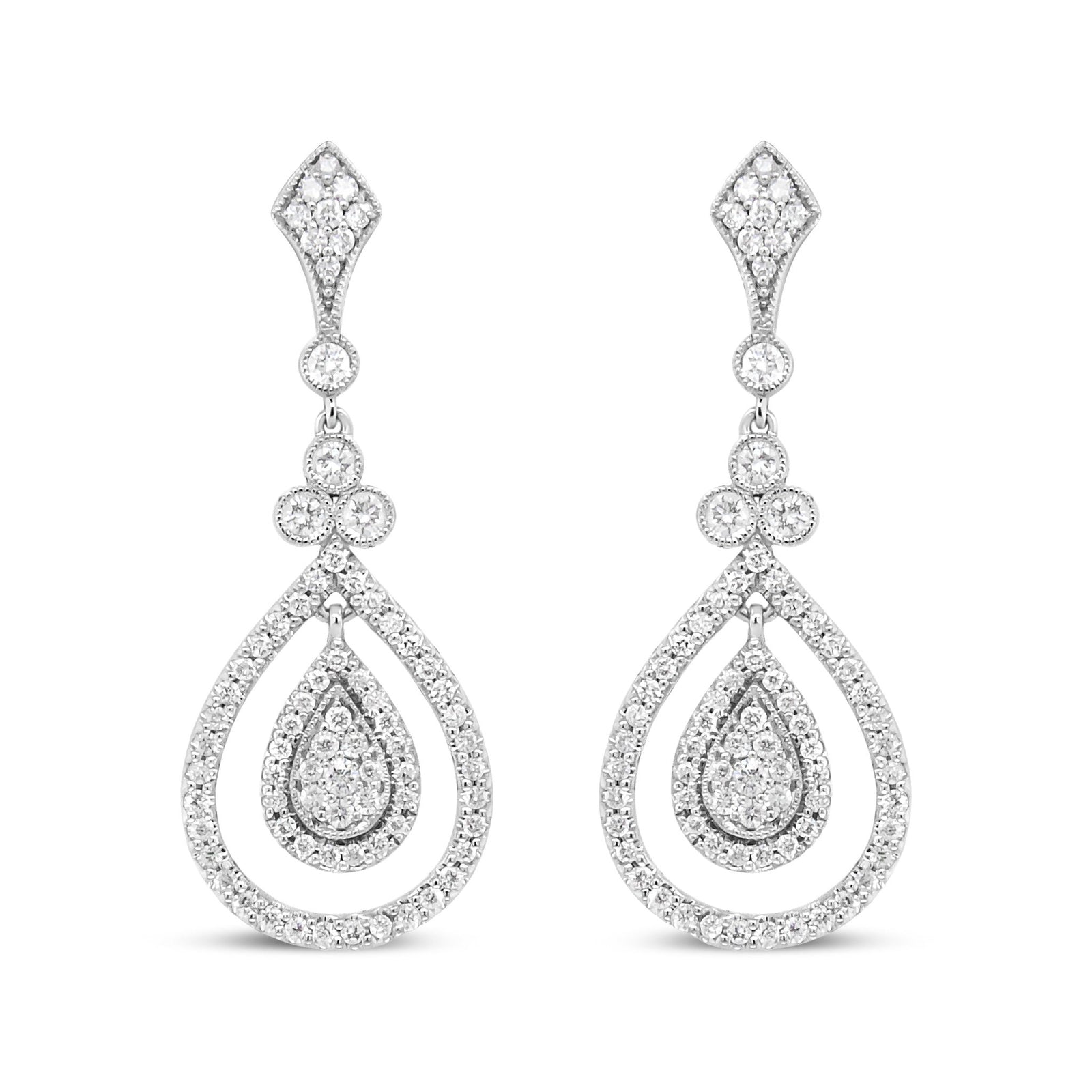 18K White Gold 1 1/4 Cttw Round Diamond Openwork Teardrop-Shaped Dangle Earrings (F-G Color, VS1-VS2 Clarity) - LinkagejewelrydesignLinkagejewelrydesign