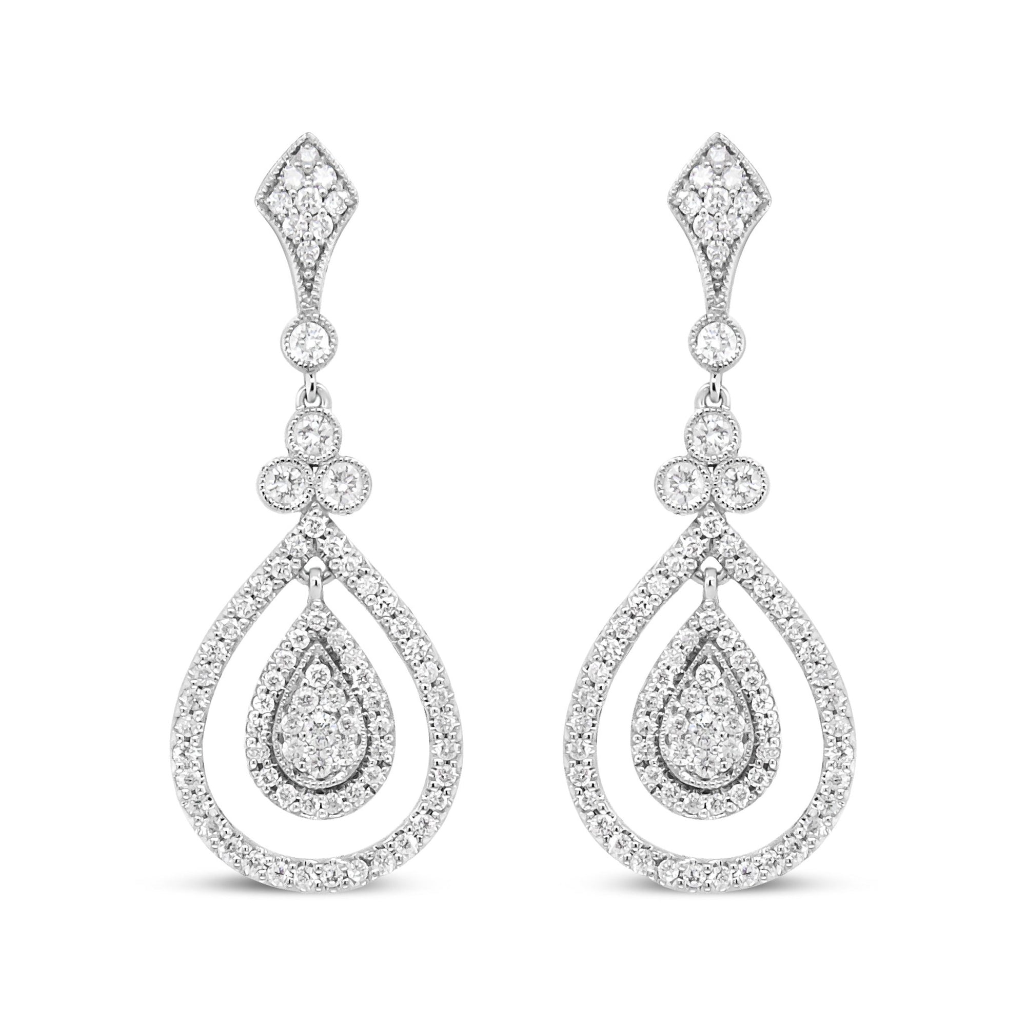 18K White Gold 1 1/4 Cttw Round Diamond Openwork Teardrop-Shaped Dangle Earrings (F-G Color, VS1-VS2 Clarity) - LinkagejewelrydesignLinkagejewelrydesign