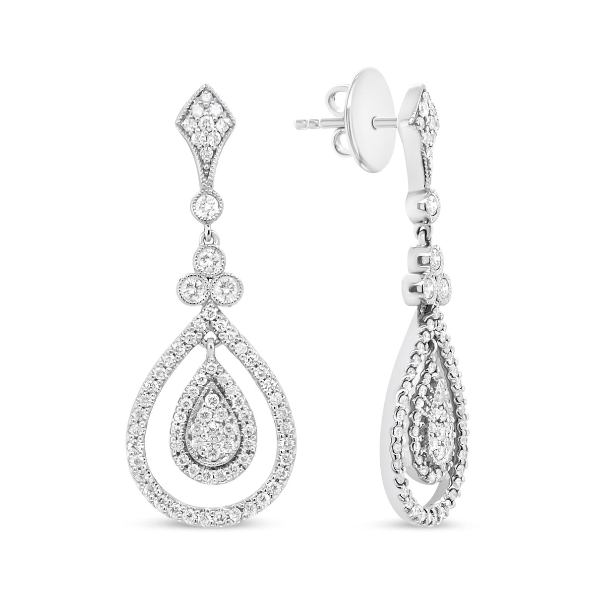 18K White Gold 1 1/4 Cttw Round Diamond Openwork Teardrop-Shaped Dangle Earrings (F-G Color, VS1-VS2 Clarity) - LinkagejewelrydesignLinkagejewelrydesign