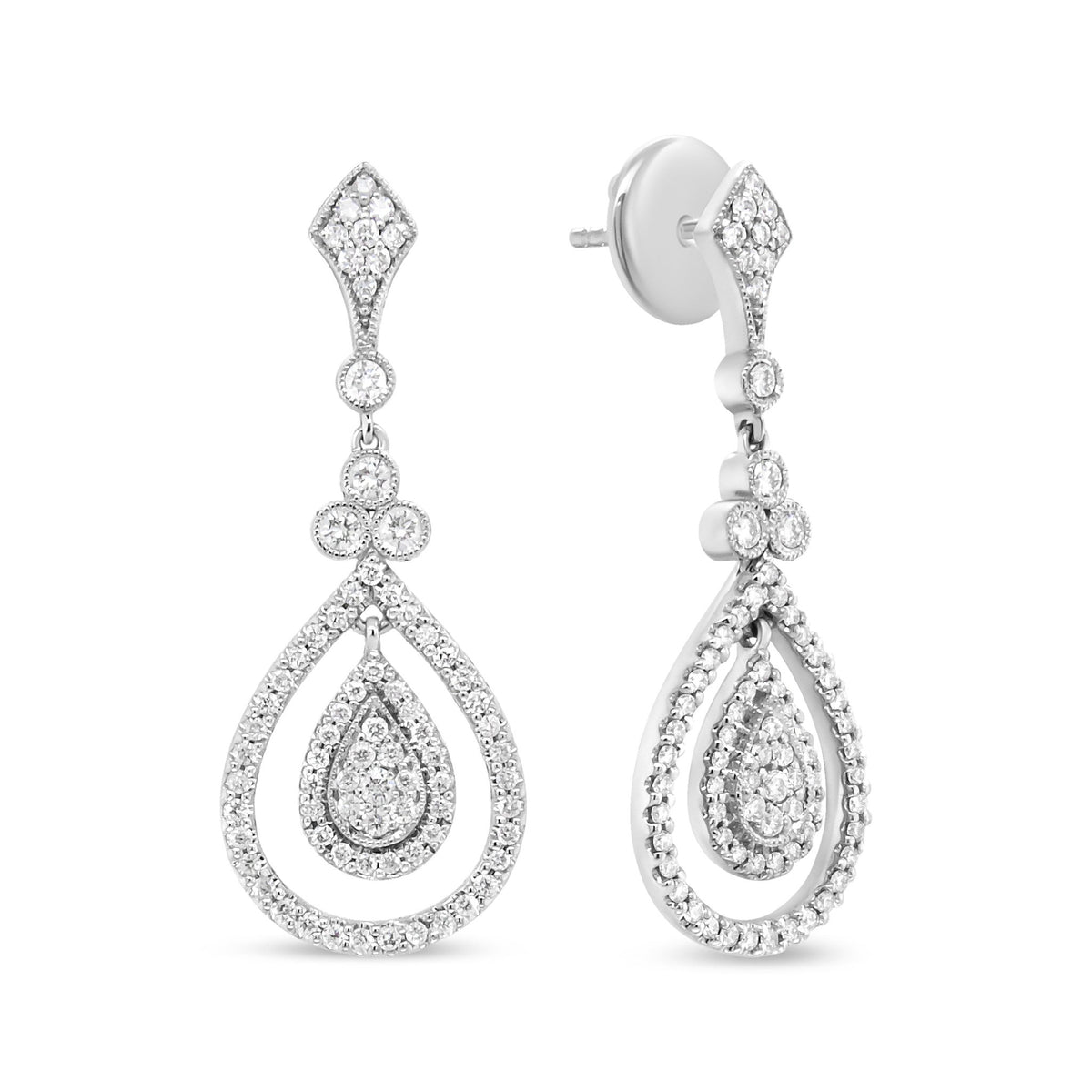 18K White Gold 1 1/4 Cttw Round Diamond Openwork Teardrop-Shaped Dangle Earrings (F-G Color, VS1-VS2 Clarity) - LinkagejewelrydesignLinkagejewelrydesign