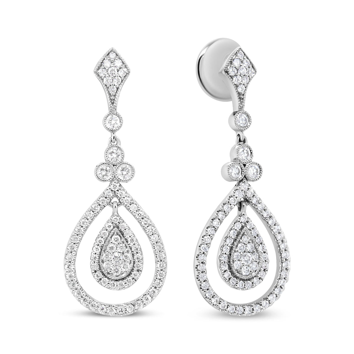 18K White Gold 1 1/4 Cttw Round Diamond Openwork Teardrop-Shaped Dangle Earrings (F-G Color, VS1-VS2 Clarity) - LinkagejewelrydesignLinkagejewelrydesign