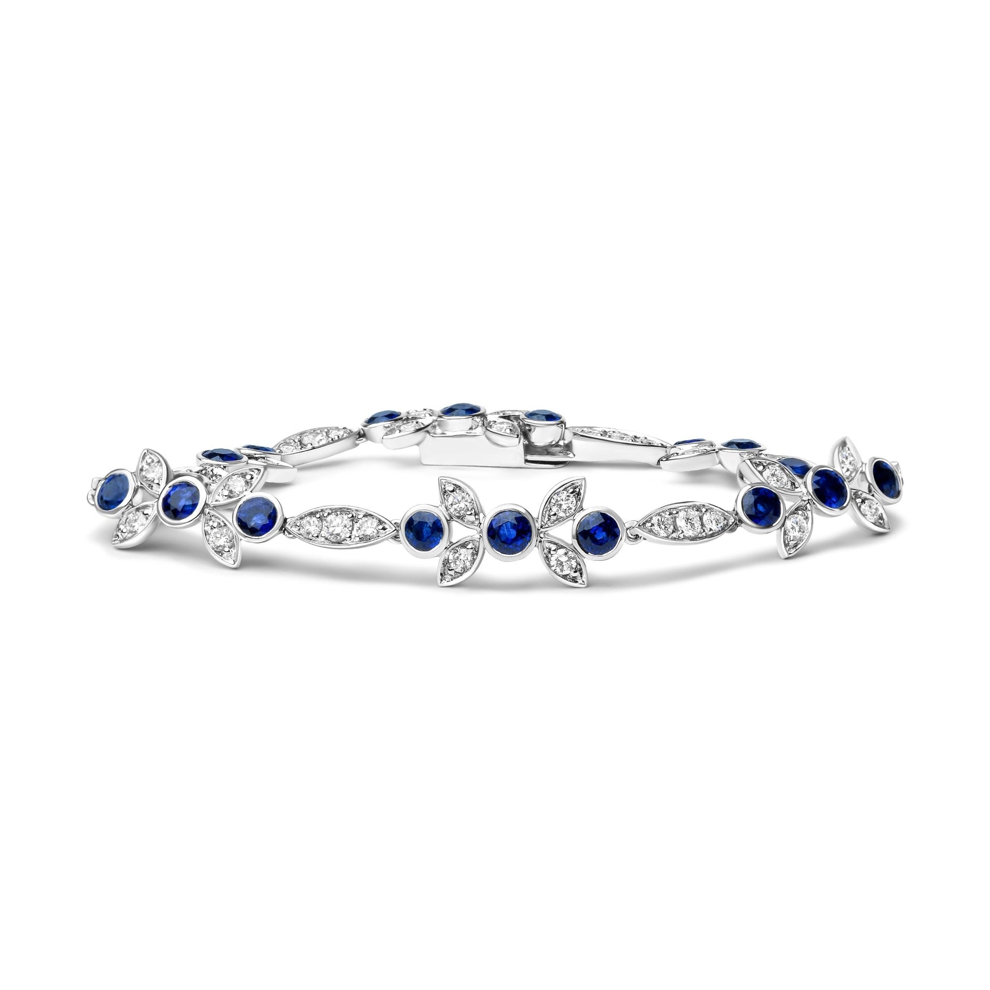 18K White Gold 1 3/4 Cttw Diamond and 3x3mm Round Blue Sapphire Gemstone Floral Link Bracelet (G-H Color, SI1-SI2 Clarity) - Size 7" - LinkagejewelrydesignLinkagejewelrydesign