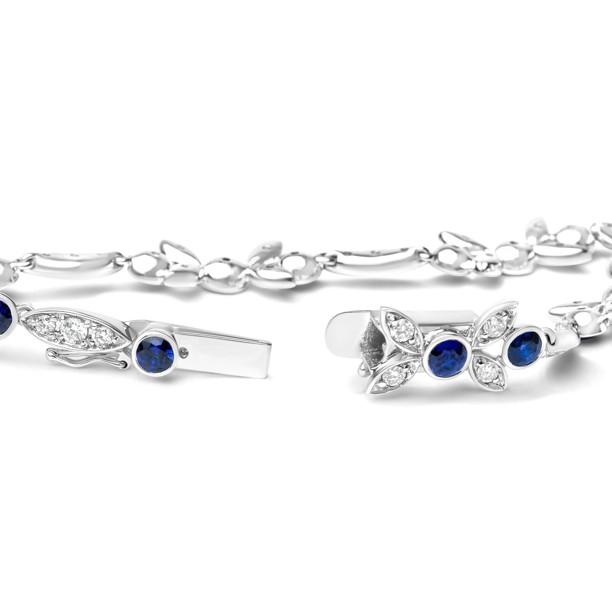 18K White Gold 1 3/4 Cttw Diamond and 3x3mm Round Blue Sapphire Gemstone Floral Link Bracelet (G-H Color, SI1-SI2 Clarity) - Size 7" - LinkagejewelrydesignLinkagejewelrydesign