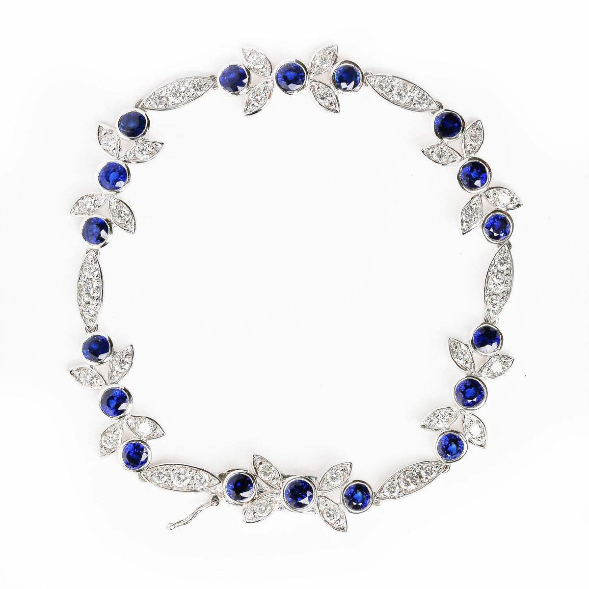 18K White Gold 1 3/4 Cttw Diamond and 3x3mm Round Blue Sapphire Gemstone Floral Link Bracelet (G-H Color, SI1-SI2 Clarity) - Size 7" - LinkagejewelrydesignLinkagejewelrydesign