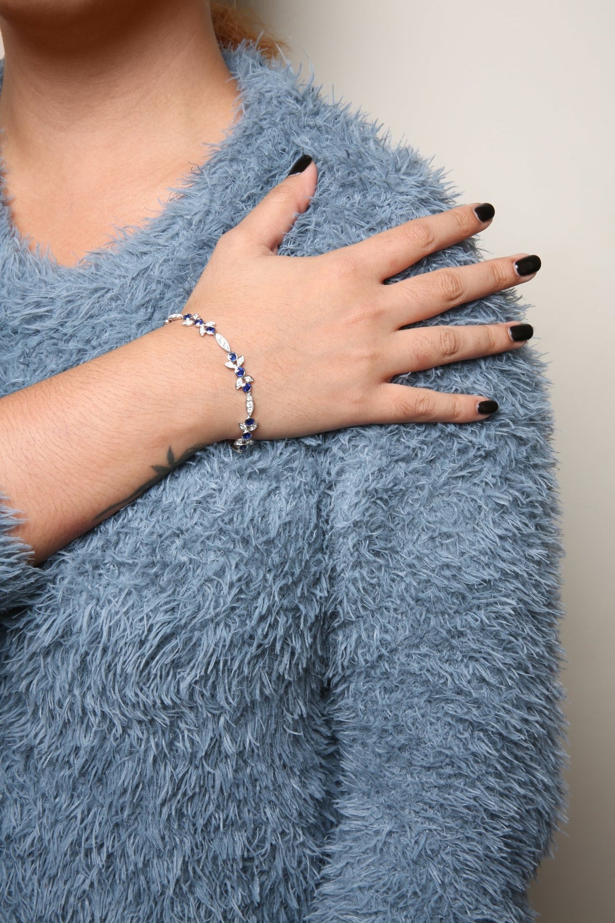 18K White Gold 1 3/4 Cttw Diamond and 3x3mm Round Blue Sapphire Gemstone Floral Link Bracelet (G-H Color, SI1-SI2 Clarity) - Size 7" - LinkagejewelrydesignLinkagejewelrydesign