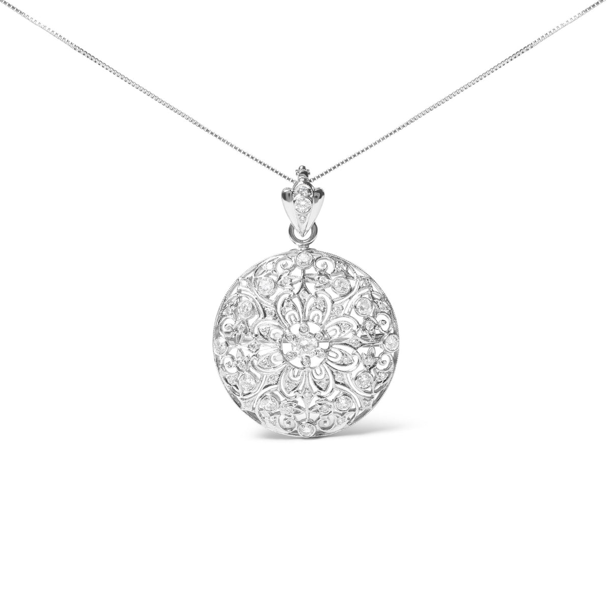18K White Gold 1 5/6 Cttw Diamond Cluster Floral Filigree Brooch Pin and 18&quot; Pendant Necklace (G-H Color, I1-I2 Clarity) - LinkagejewelrydesignLinkagejewelrydesign