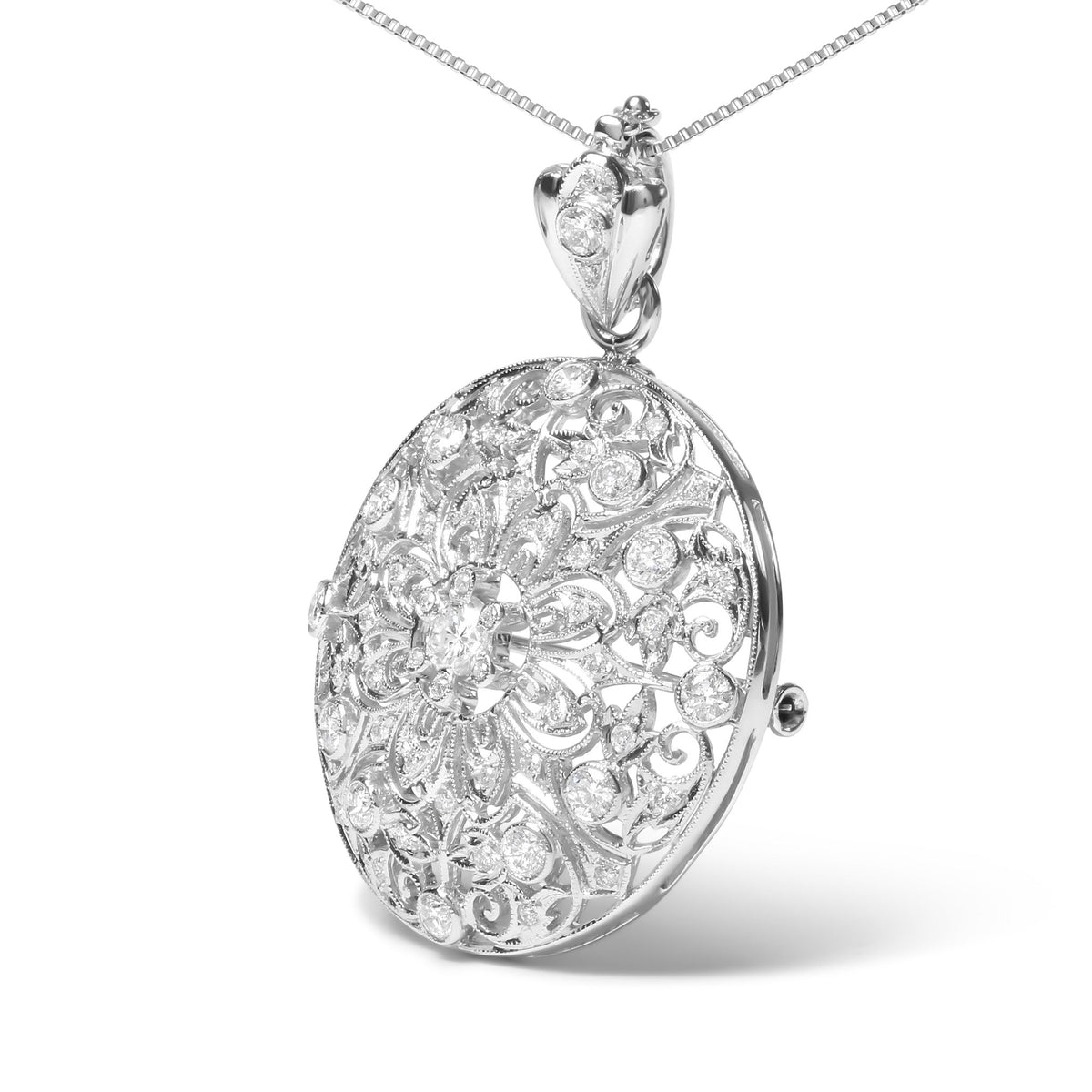 18K White Gold 1 5/6 Cttw Diamond Cluster Floral Filigree Brooch Pin and 18&quot; Pendant Necklace (G-H Color, I1-I2 Clarity) - LinkagejewelrydesignLinkagejewelrydesign