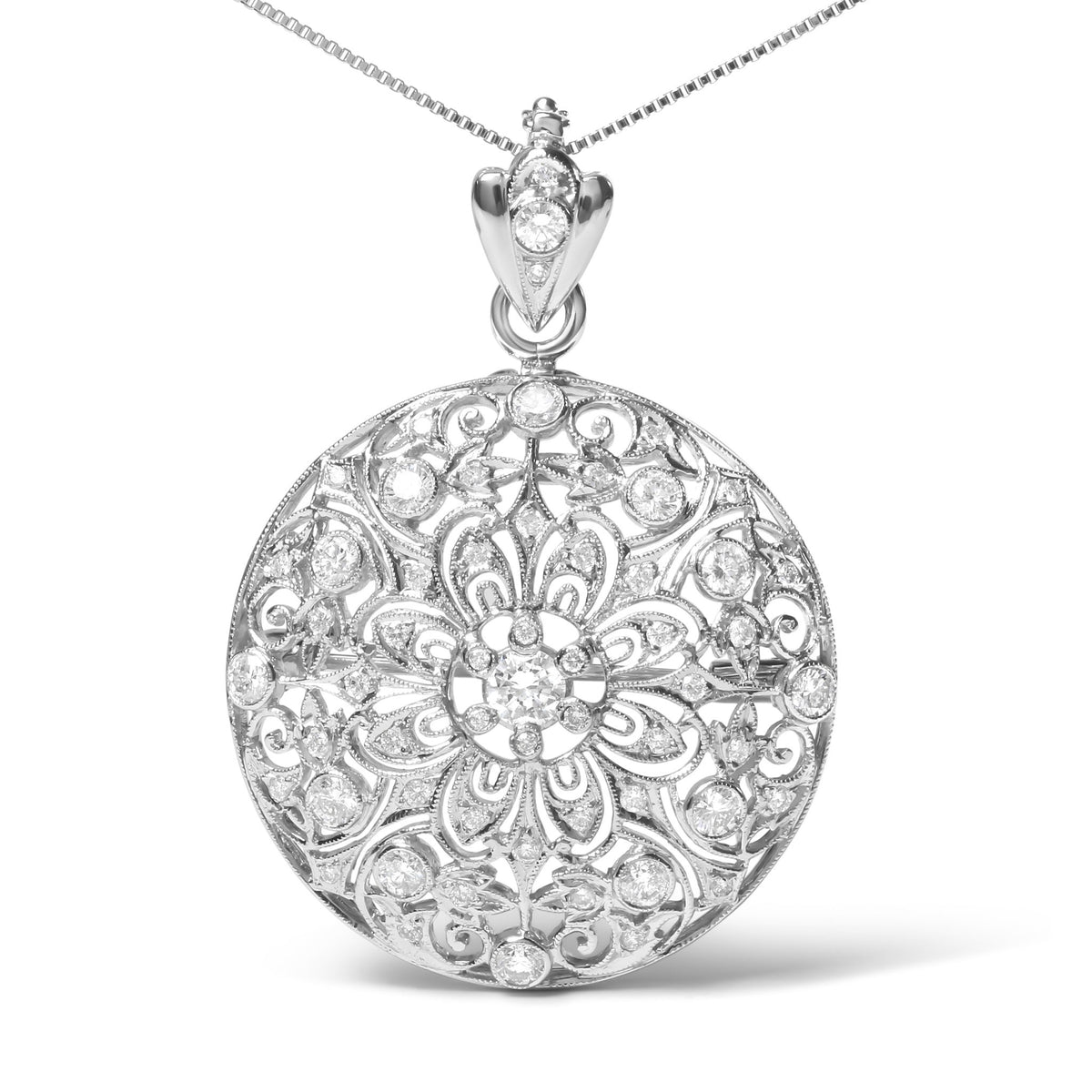 18K White Gold 1 5/6 Cttw Diamond Cluster Floral Filigree Brooch Pin and 18&quot; Pendant Necklace (G-H Color, I1-I2 Clarity) - LinkagejewelrydesignLinkagejewelrydesign