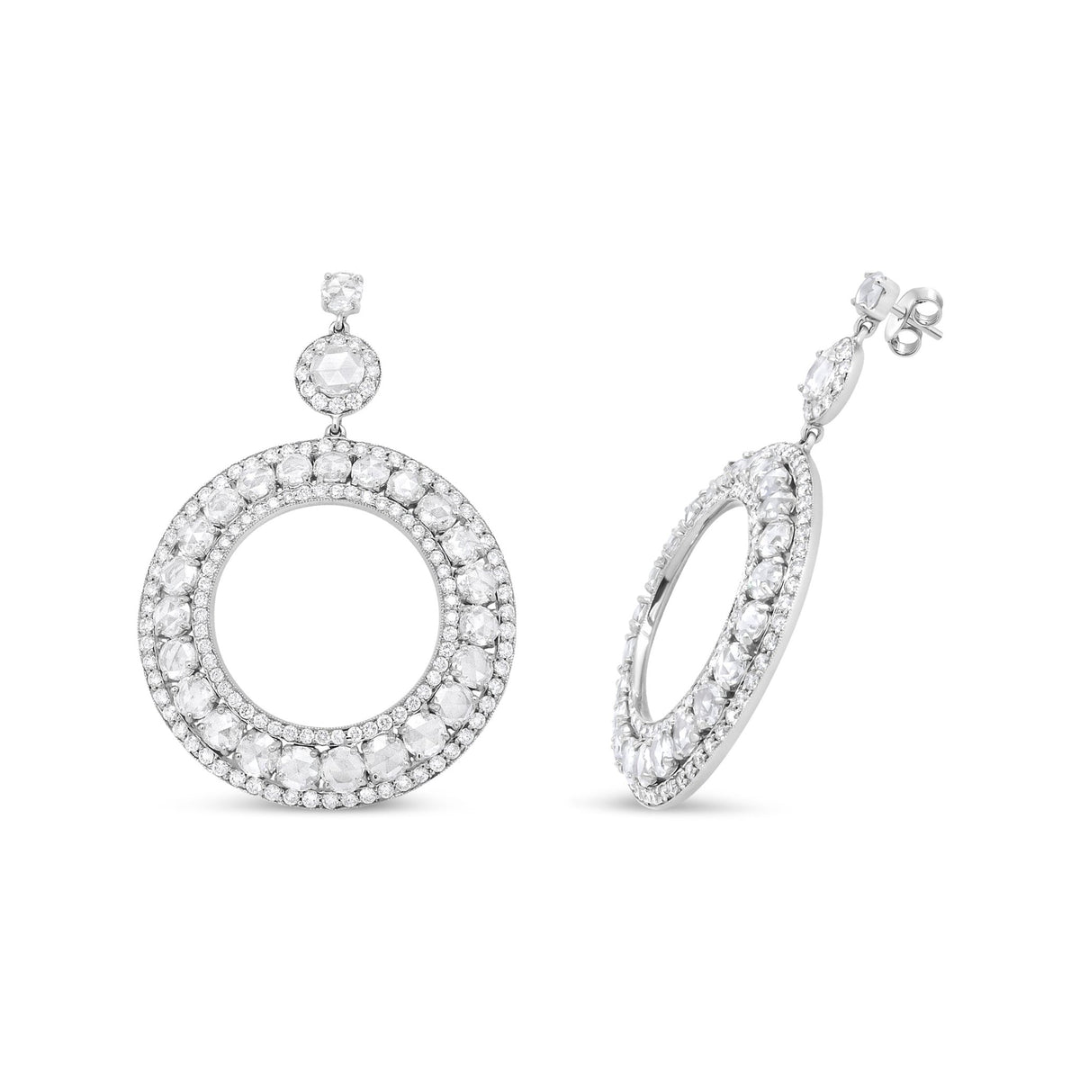 18K White Gold 10 7/8 Cttw Round Pave-Set Diamond Openwork Circle Wreath Hoop Dangle Drop Stud Earrings (SI1-SI2 Clarity, G-H Color) - LinkagejewelrydesignLinkagejewelrydesign