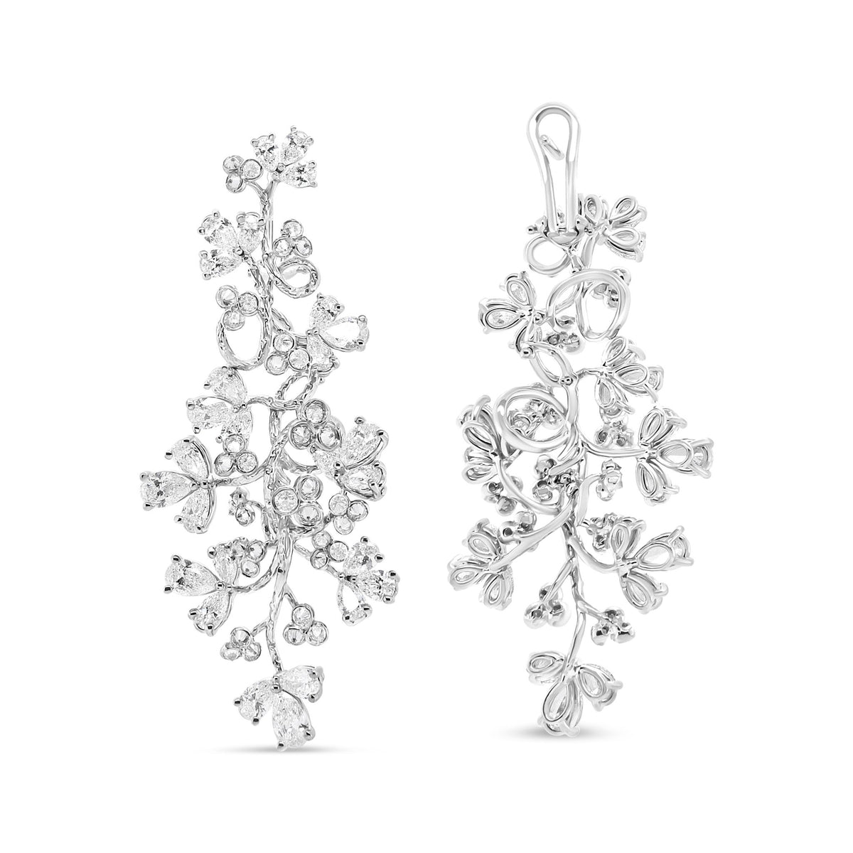 18K White Gold 10 Cttw Round and Pear-Shaped Floral Diamond Dangle Drop Earring (F-G Color, VS1-VS2 Clarity) - LinkagejewelrydesignLinkagejewelrydesign