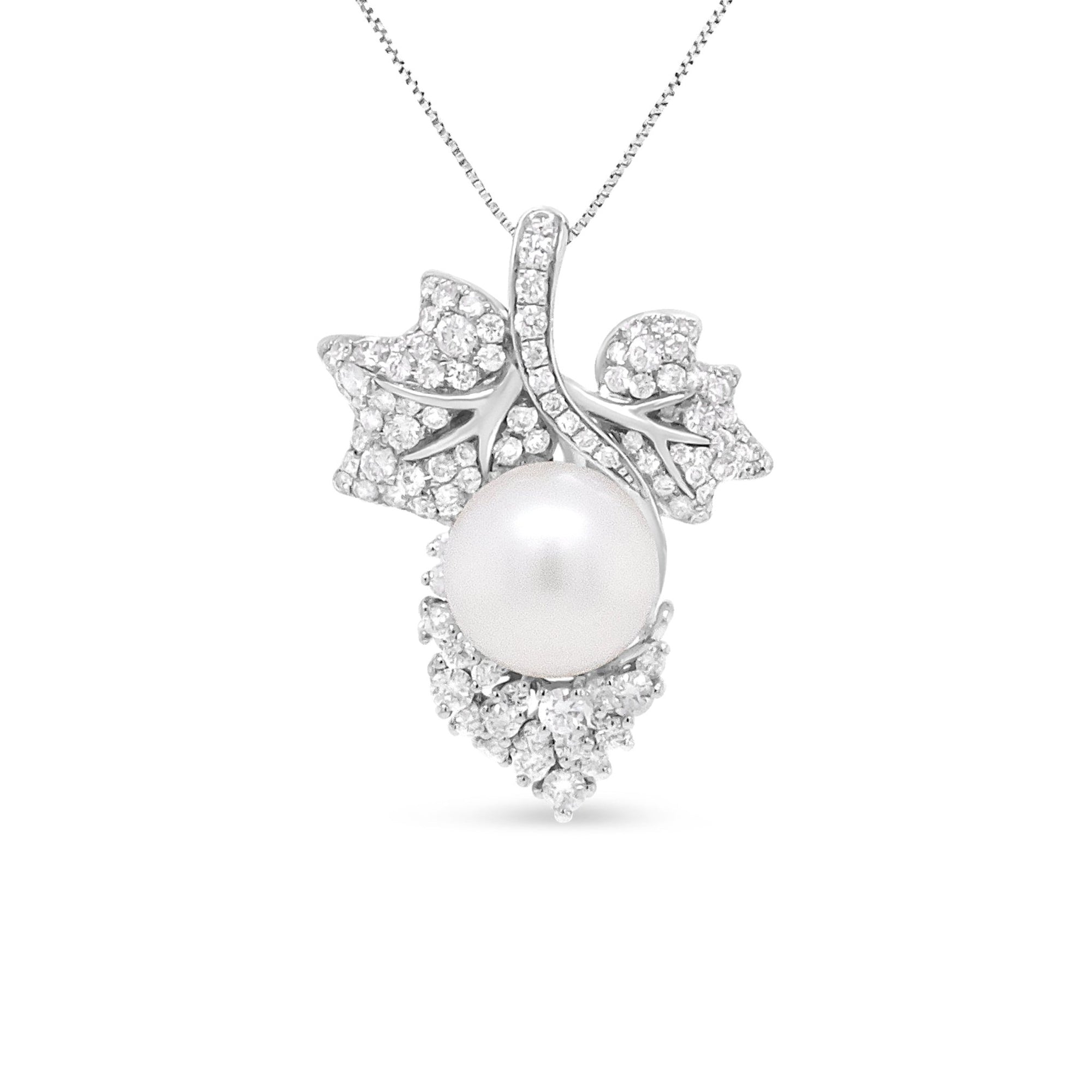18K White Gold 10 MM Cultured Pearl and 7/8 Cttw Diamond Floral Leaf 18" Pendant Necklace (F-G Color, SI1-SI2 Clarity) - LinkagejewelrydesignLinkagejewelrydesign