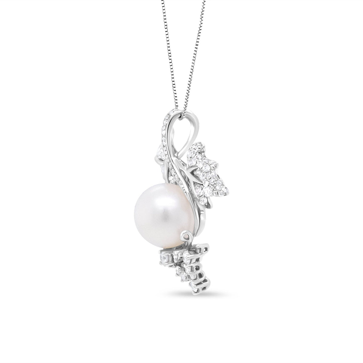 18K White Gold 10 MM Cultured Pearl and 7/8 Cttw Diamond Floral Leaf 18&quot; Pendant Necklace (F-G Color, SI1-SI2 Clarity) - LinkagejewelrydesignLinkagejewelrydesign
