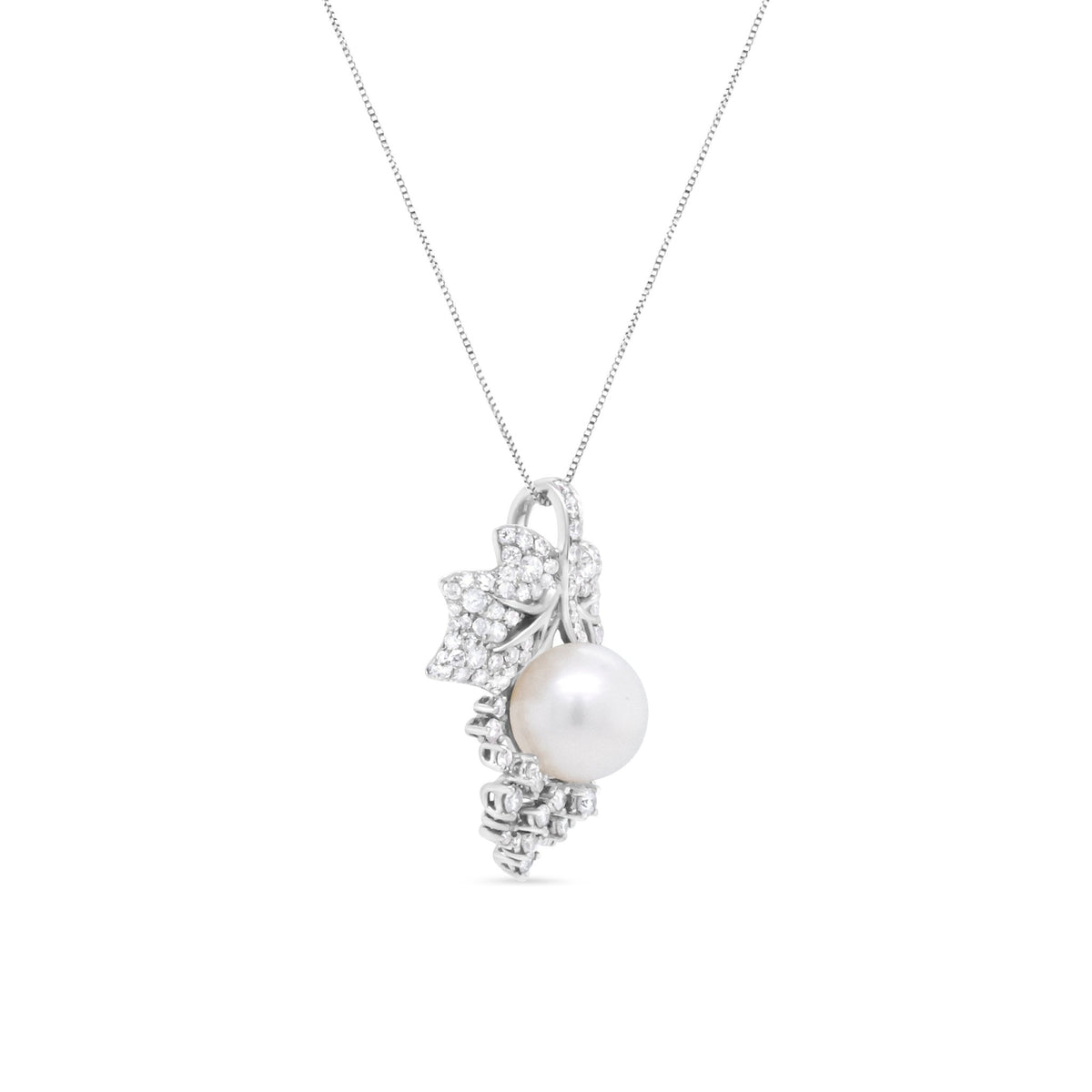 18K White Gold 10 MM Cultured Pearl and 7/8 Cttw Diamond Floral Leaf 18&quot; Pendant Necklace (F-G Color, SI1-SI2 Clarity) - LinkagejewelrydesignLinkagejewelrydesign